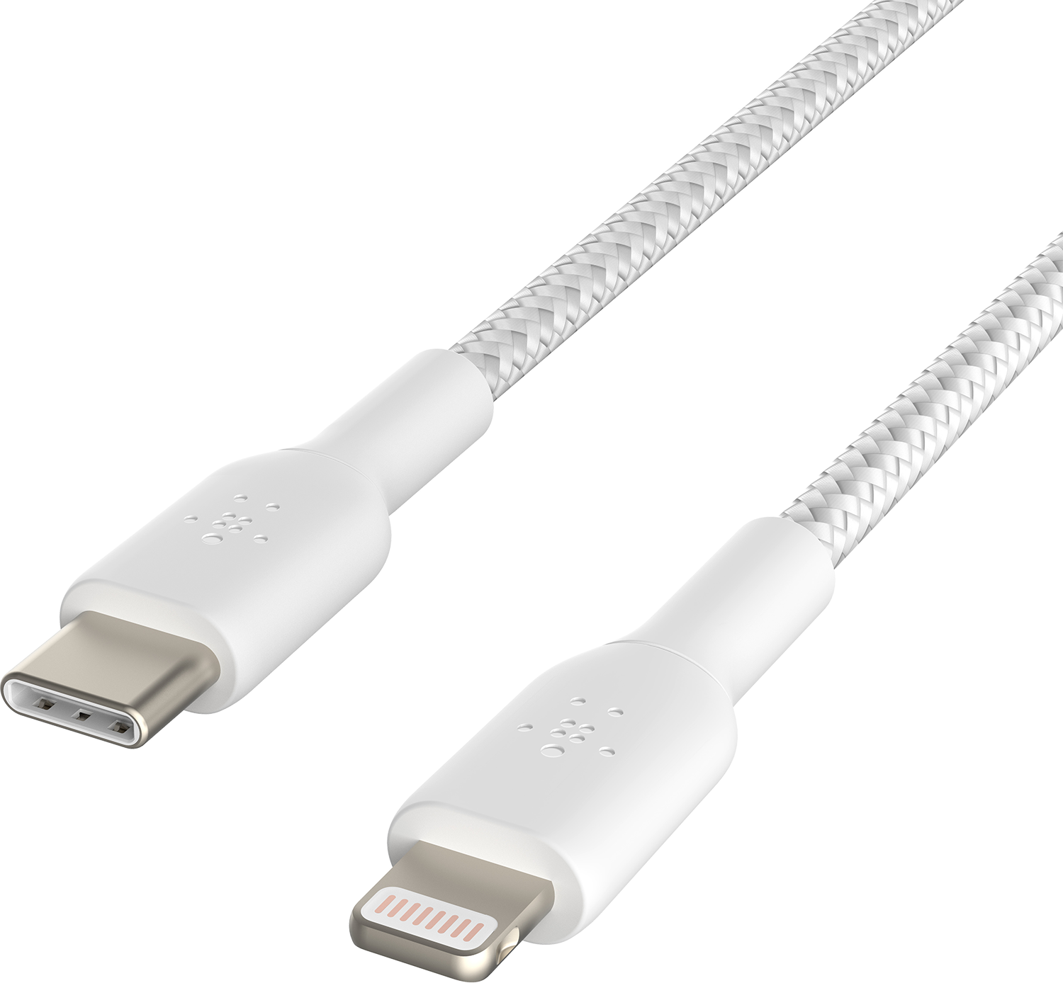 White USB-C to Lightning braided cable against a black background.