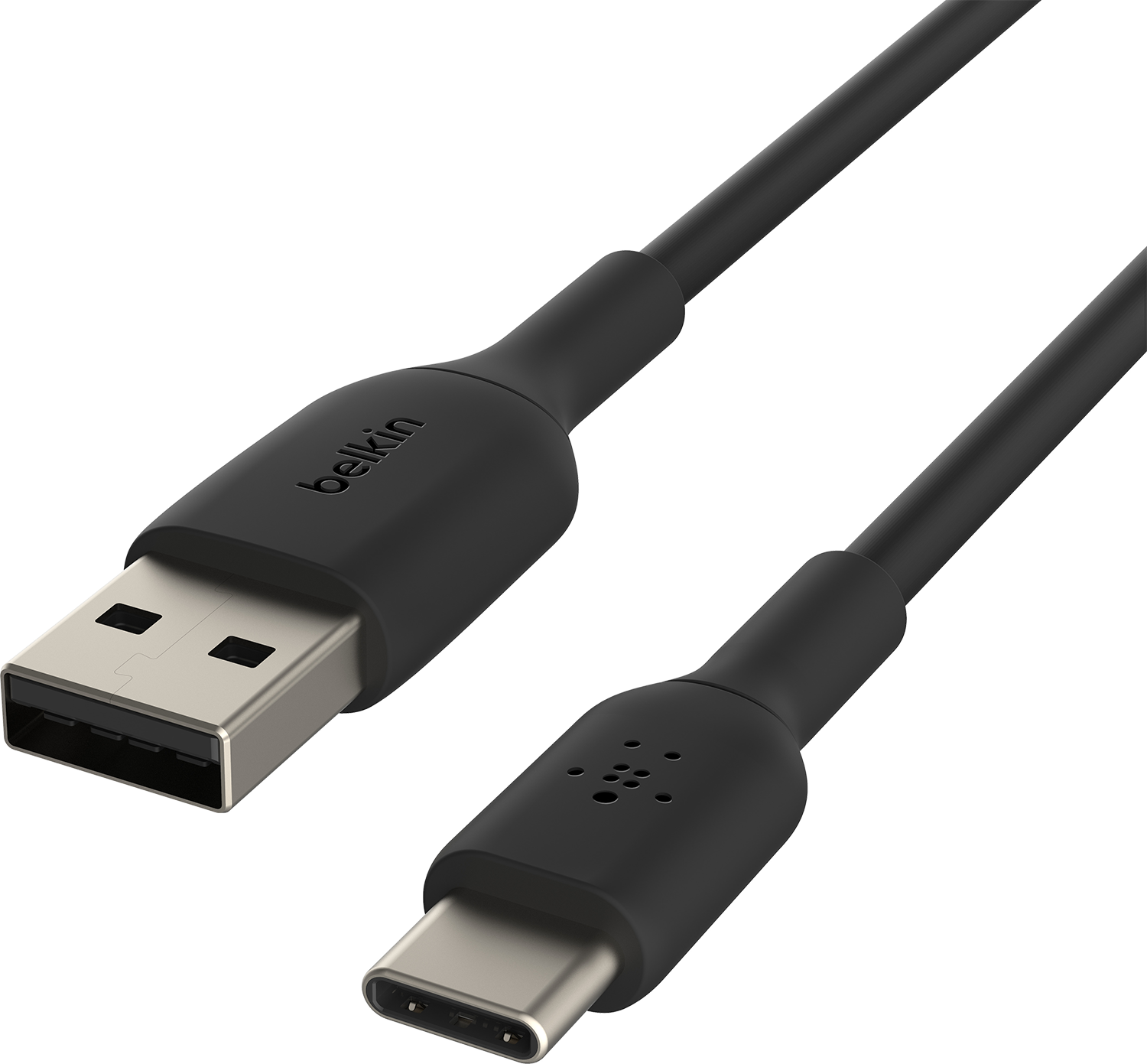 Zwarte Belkin USB-C naar USB-A kabel. USB-A connector links, USB-C rechts. Achtergrond is leeg.