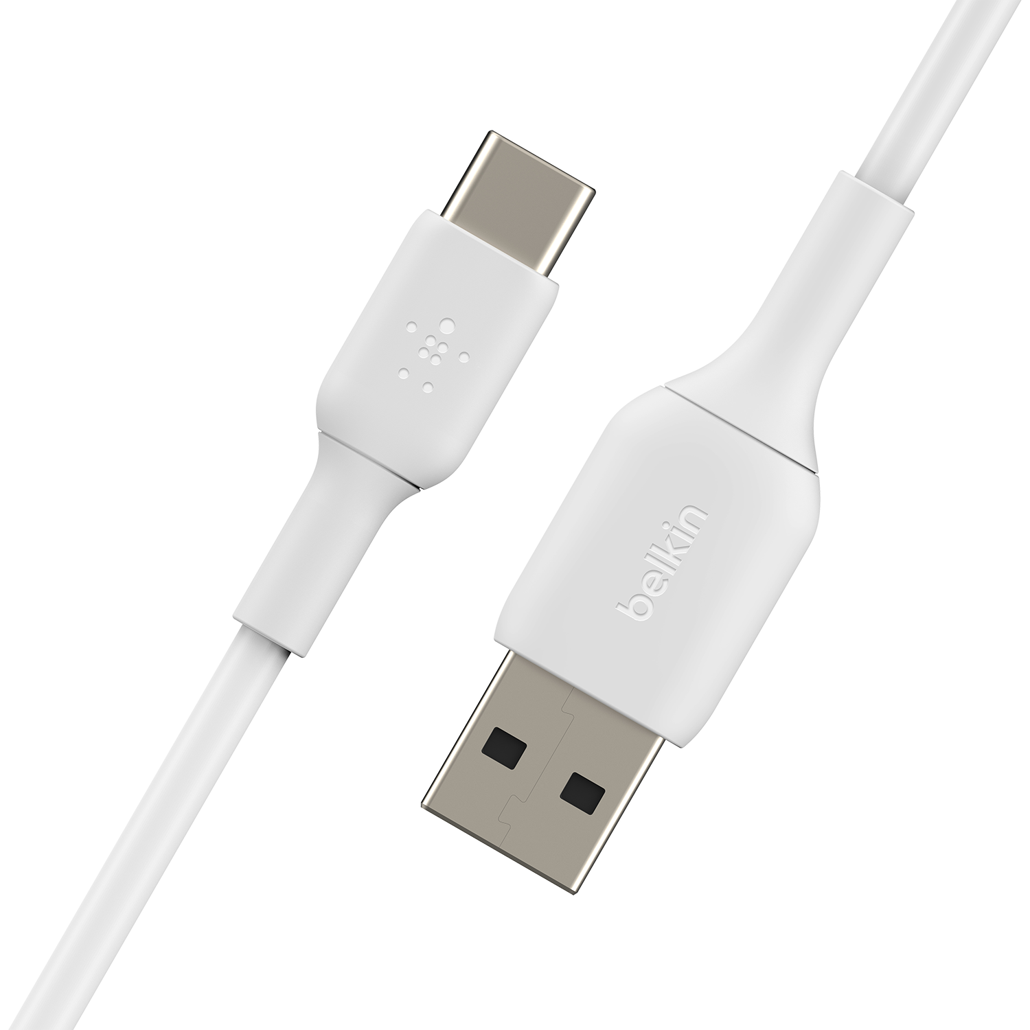 Witte Belkin USB-C naar USB-A kabel. De kabel is wit, met connectoren aan beide uiteinden. Het Belkin logo is zichtbaar.