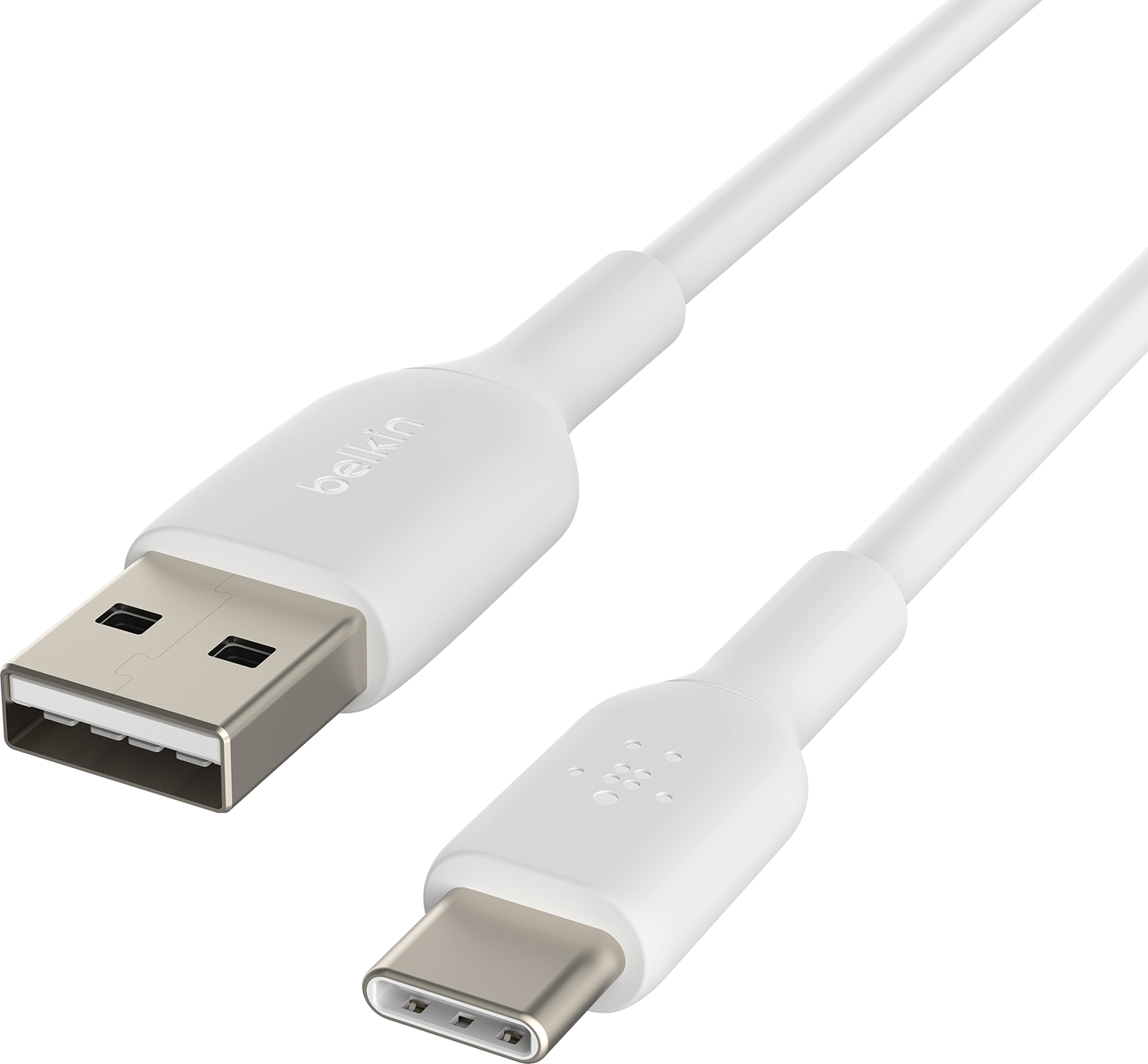 Witte Belkin USB-A naar USB-C-kabel, met connectoren aan elk uiteinde.