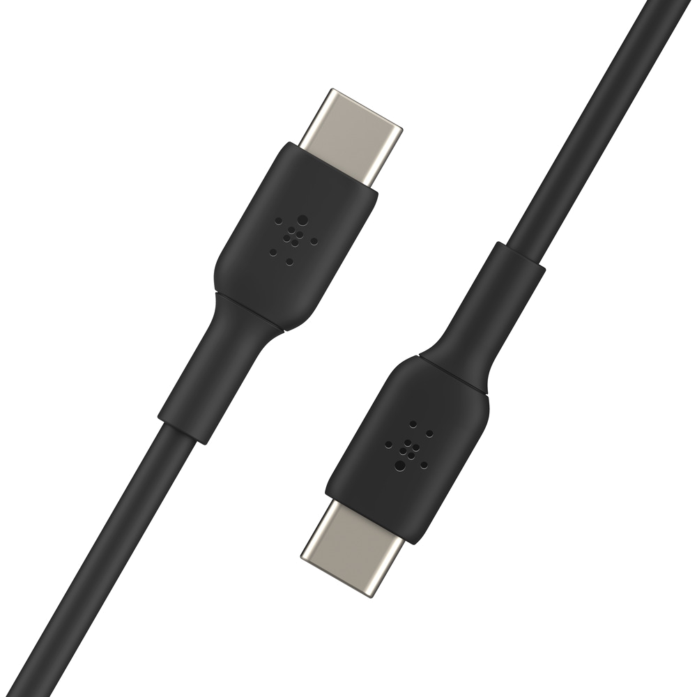 Black Belkin USB-C cable, black background, two connectors, close-up.