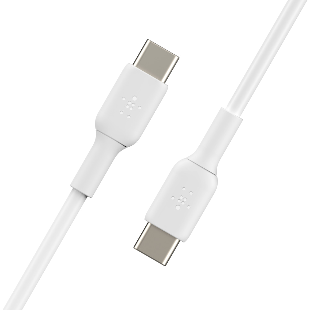 White Belkin USB-C cable. Two USB-C connectors, white cable.