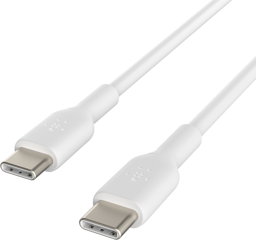 Close-up of two white USB-C cables with silver-colored connectors, black background.