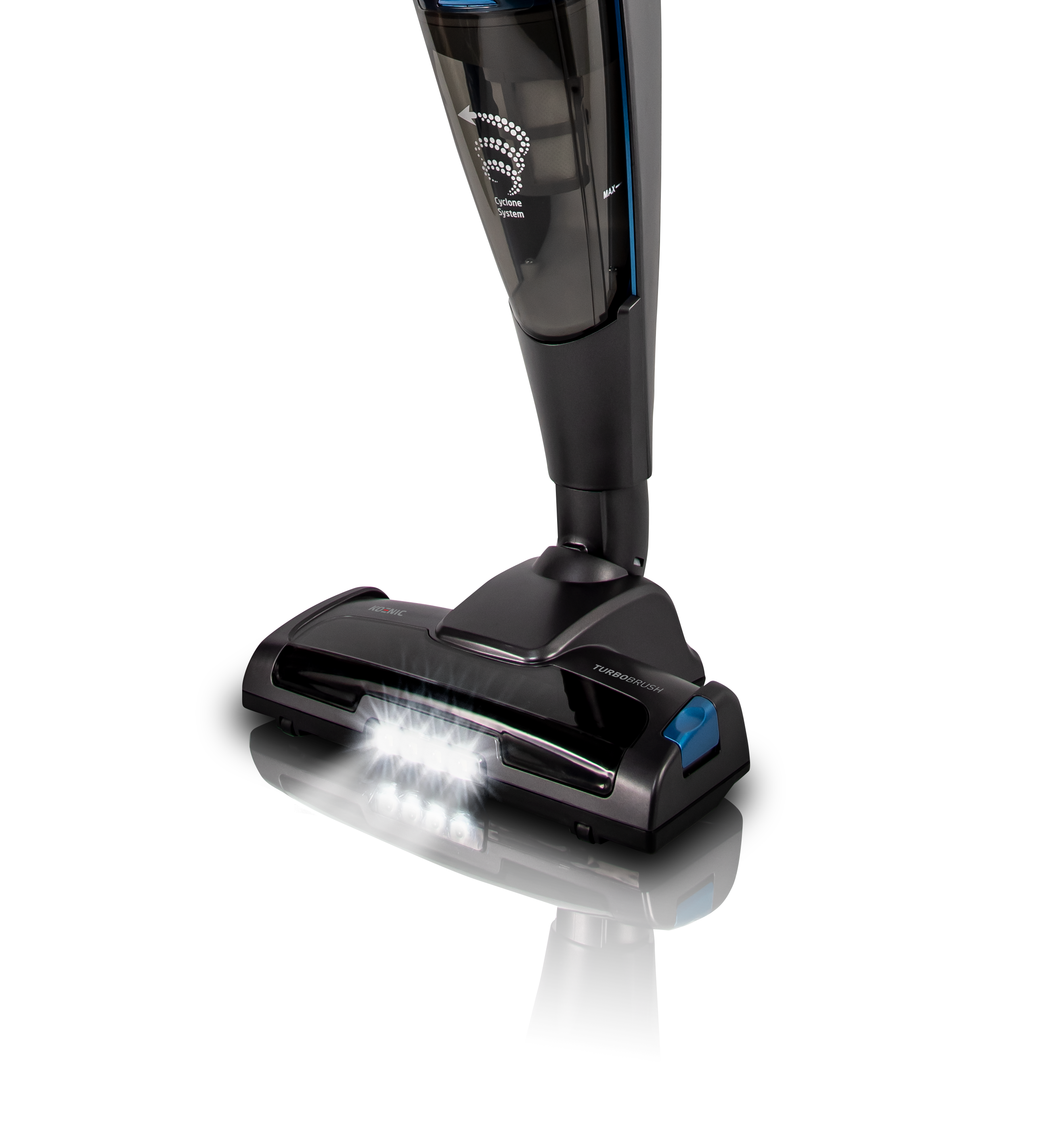 Schwarzer Staubsaugerkopf mit LED-Leuchten. Der Staubsauger liegt auf einer reflektierenden schwarzen Oberfläche.