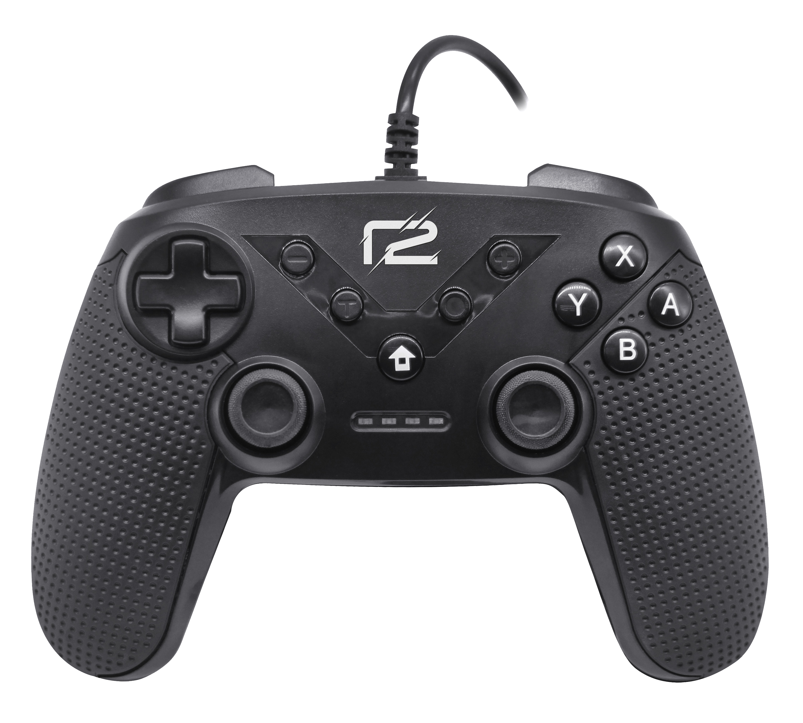 Schwarzer Gamecontroller mit Knöpfen und Steuerkreuz. Weißer Hintergrund.