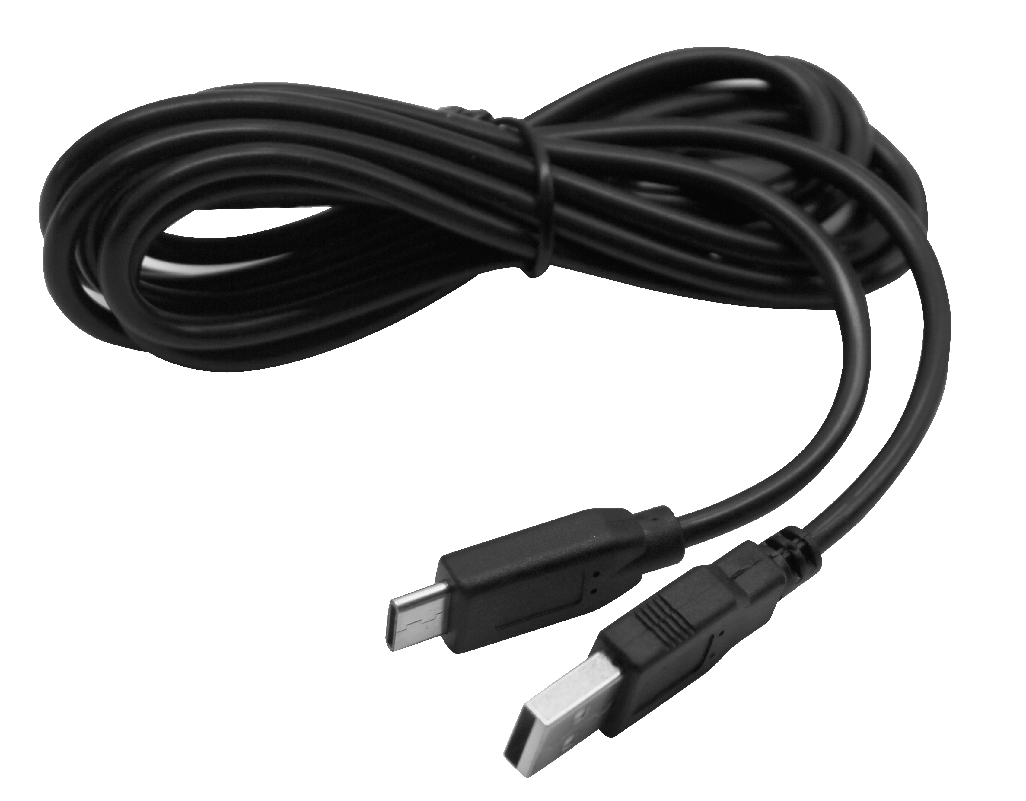 Schwarzes USB-C-auf-USB-A-Kabel, aufgerollt.