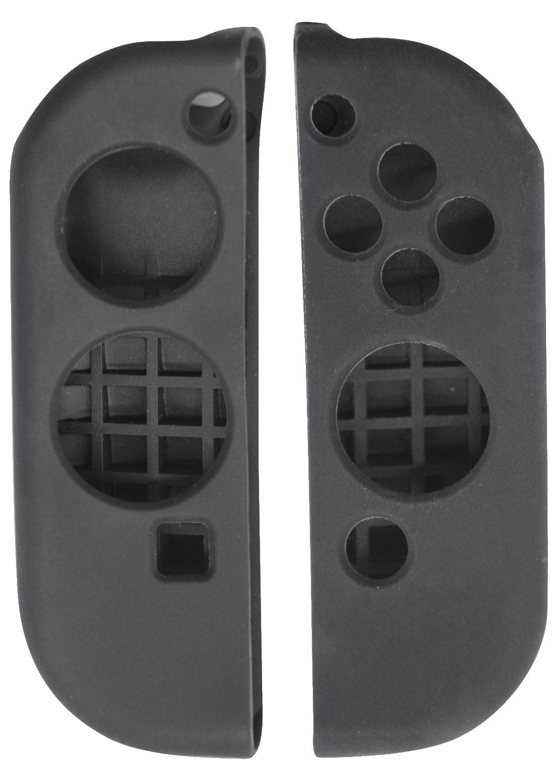 Zwei schwarze Controller-Griffe, entworfen für die Nintendo Switch Joy-Cons.