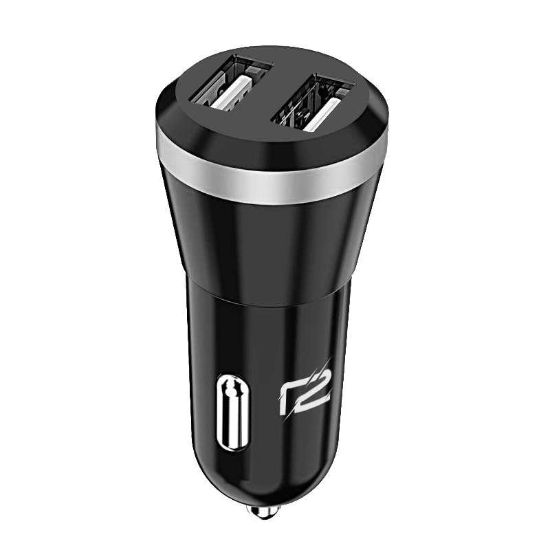 Schwarzes Autoladegerät mit zwei USB-Anschlüssen und silbernem Akzent.