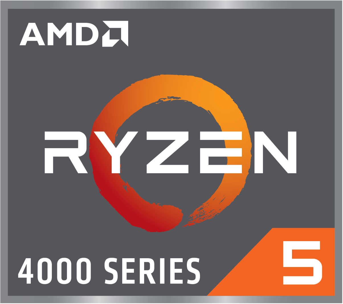 Logotipo de AMD Ryzen 5 serie 4000. Círculo naranja, texto blanco sobre fondo gris y un 5 naranja.