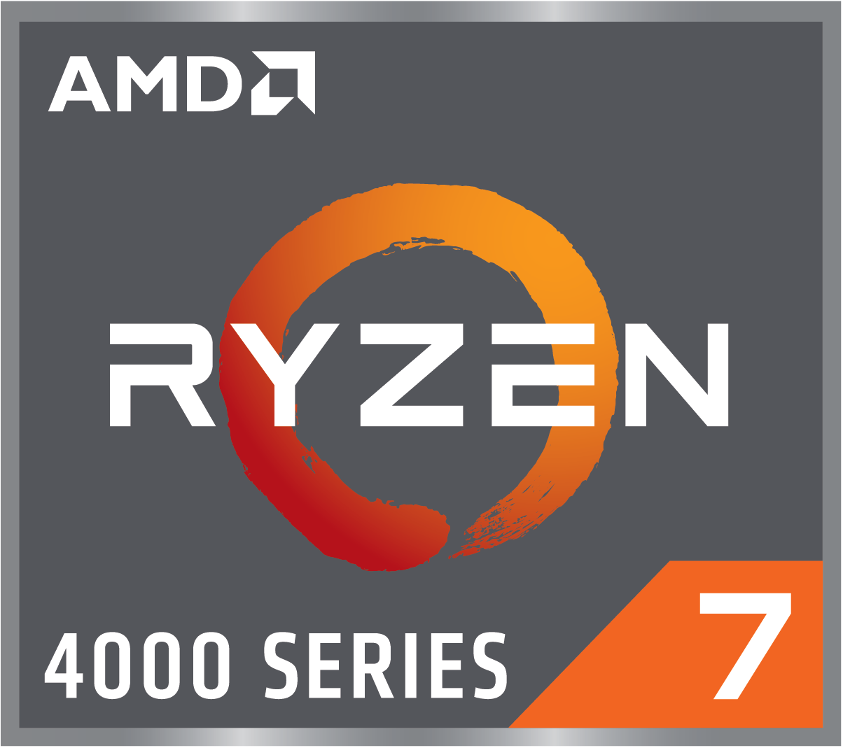 AMD Ryzen 7 4000 Series Logo mit orangefarbenem Kreis und weißem Text auf grauem Hintergrund.