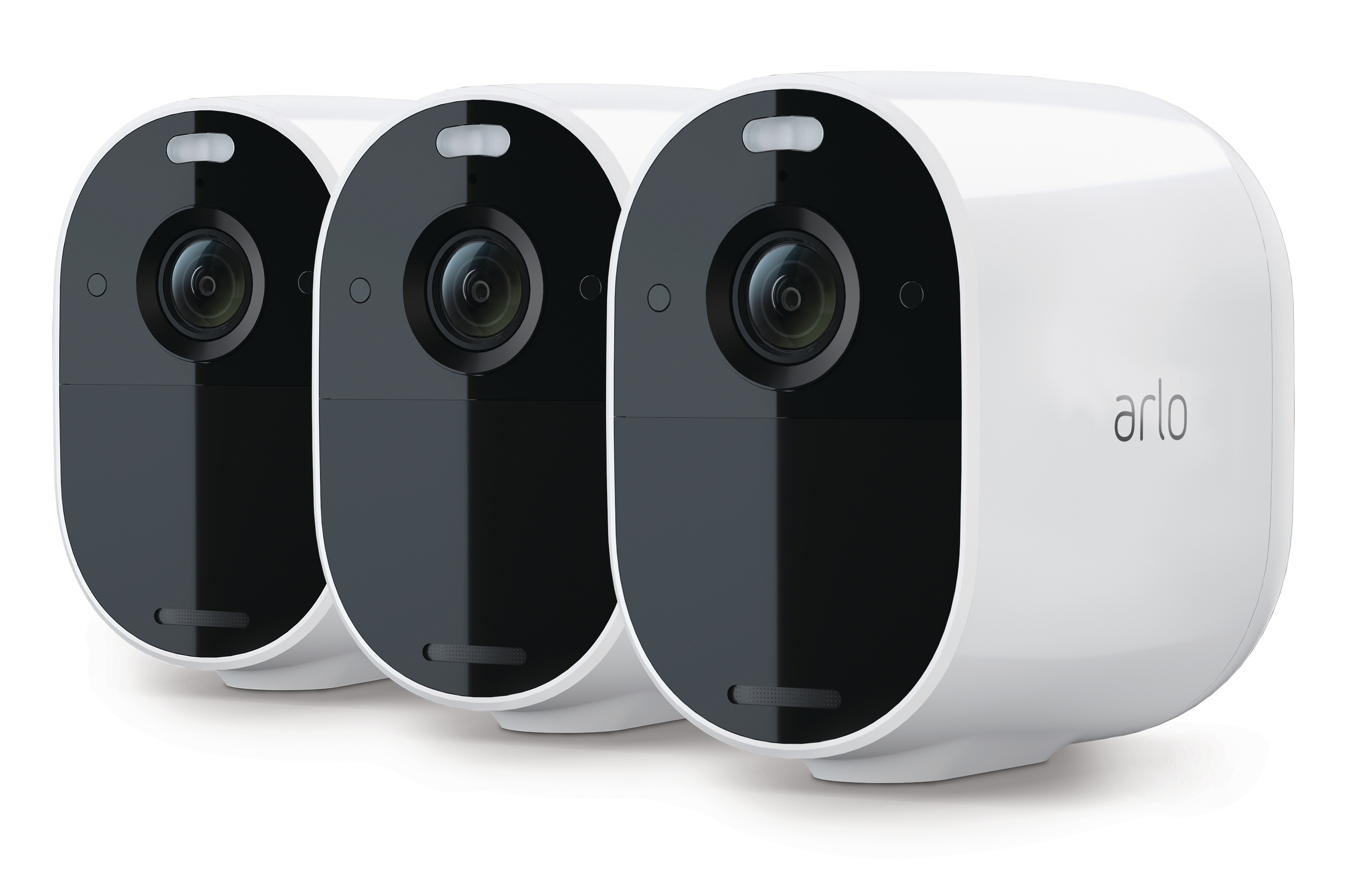 Drei weiße Arlo-Überwachungskameras mit schwarzen Fronten und einem Licht über dem Objektiv.