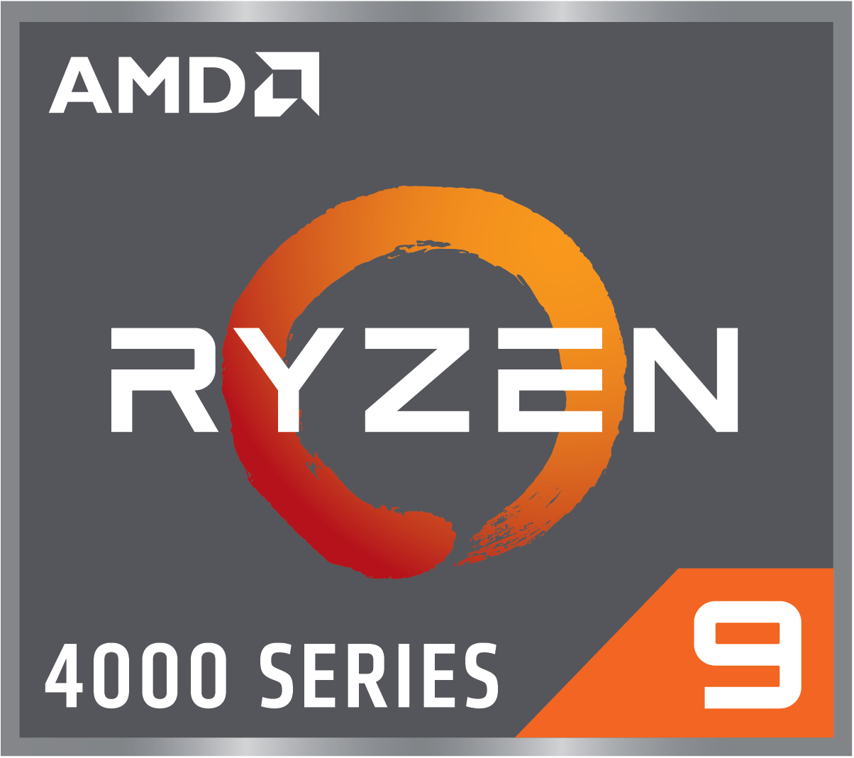 AMD Ryzen 9 4000 Series Logo auf grauem Grund mit orangefarbenem Kreis.