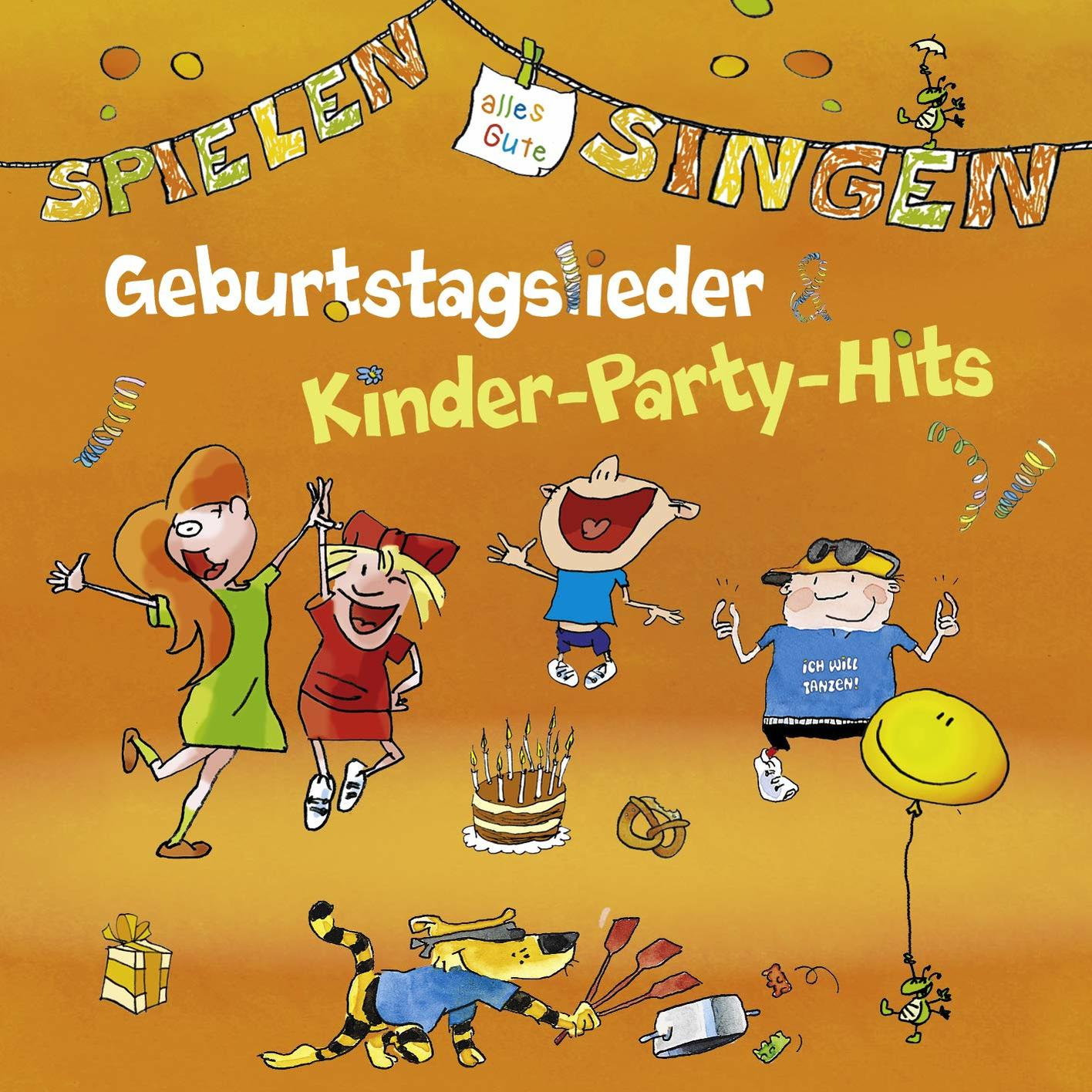 Albumcover: GeburtstagsLieder Kinder-Party-Hits. Cartoon-Kinder, Geburtstagskuchen, Luftballons.