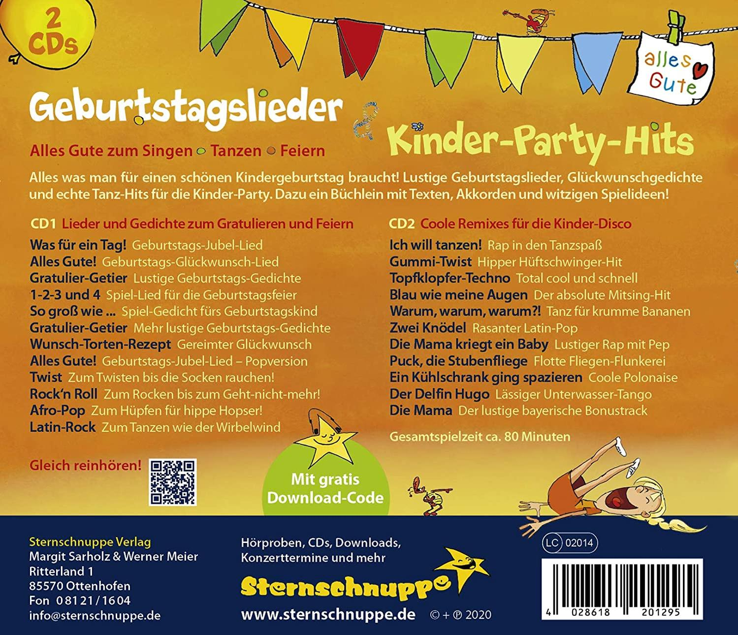 Ein Buch mit dem Titel 'Geburtstagslieder Kinder-Party-Hits' mit Texten und Bildern, plus zwei CDs.