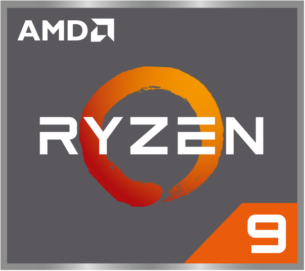 AMD Ryzen 9 Logo. Oranger Kreis, weißer Text auf grauem Hintergrund und eine orange 9.