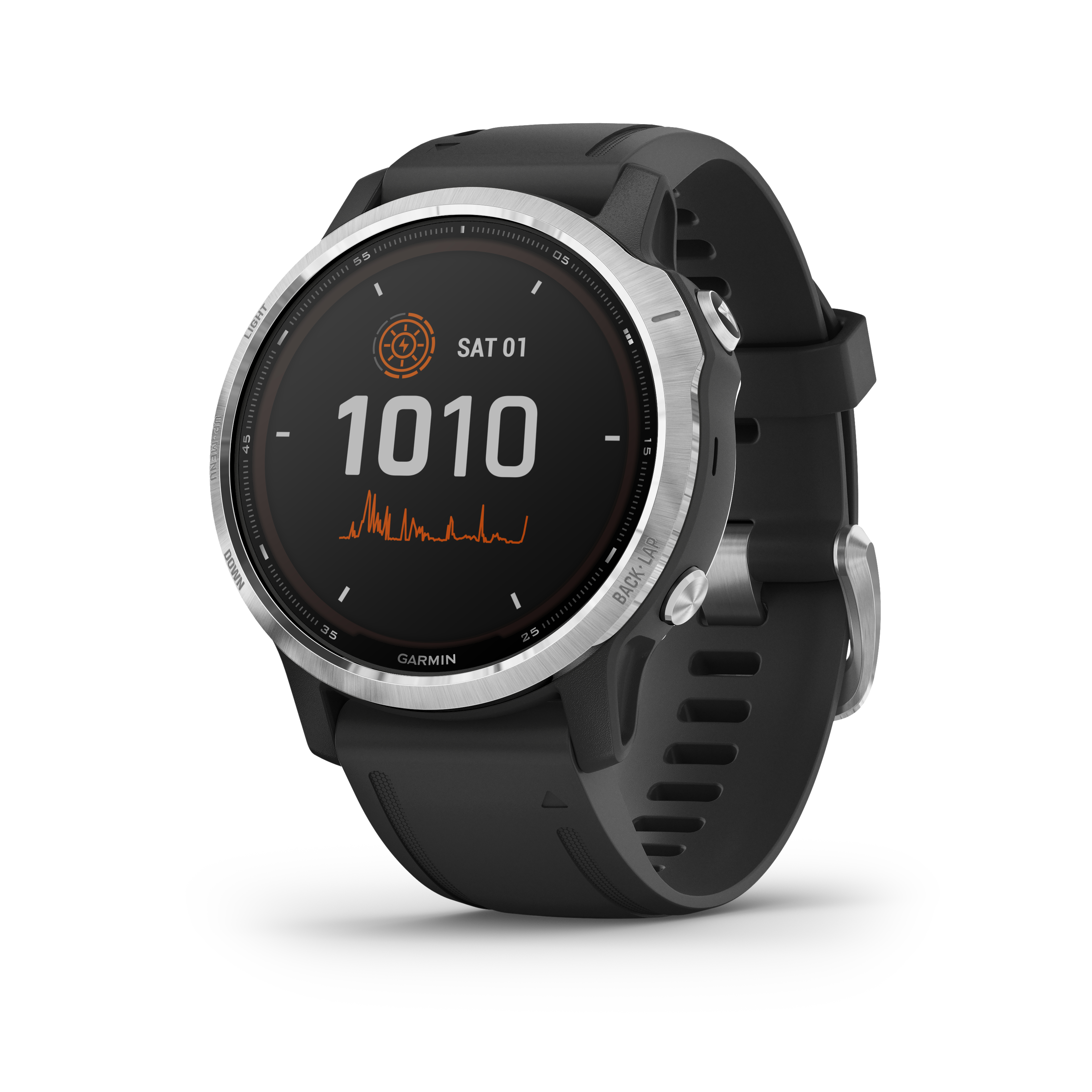 Garmin Smartwatch mit schwarzem Armband und schwarz-silbernem Zifferblatt.