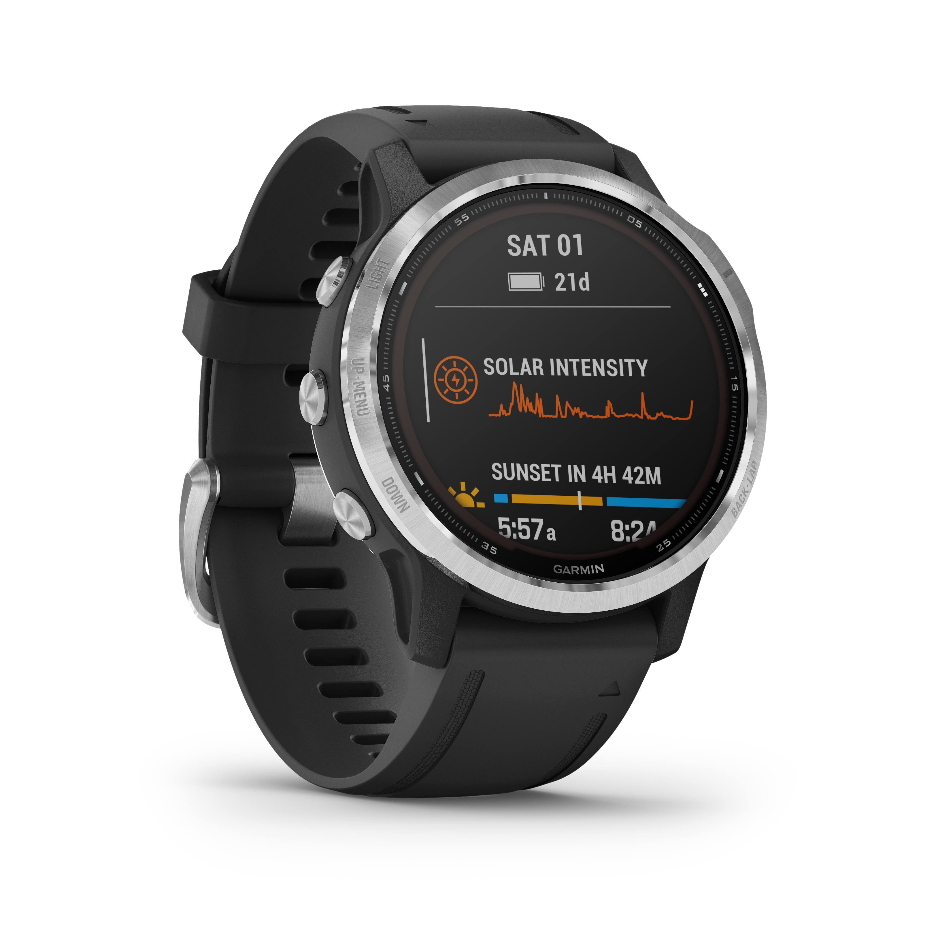 Schwarze Garmin Smartwatch auf weißem Hintergrund, zeigt Solarintensität und Uhrzeit.