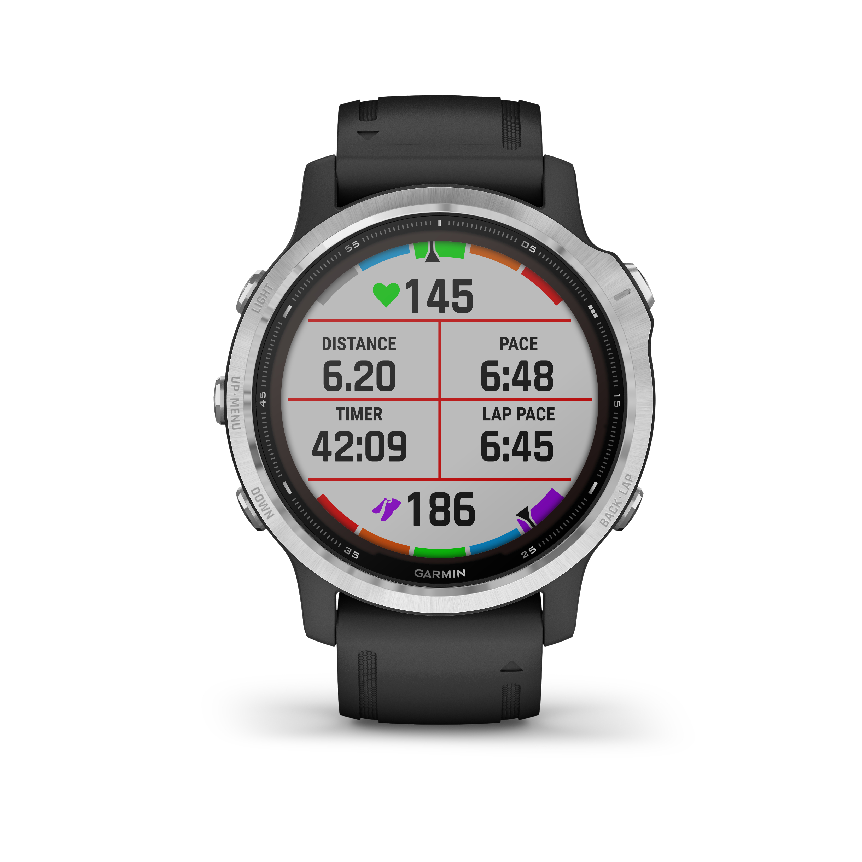 Smartwatch zeigt Laufmetriken: Distanz, Timer, Tempo und Herzfrequenz.