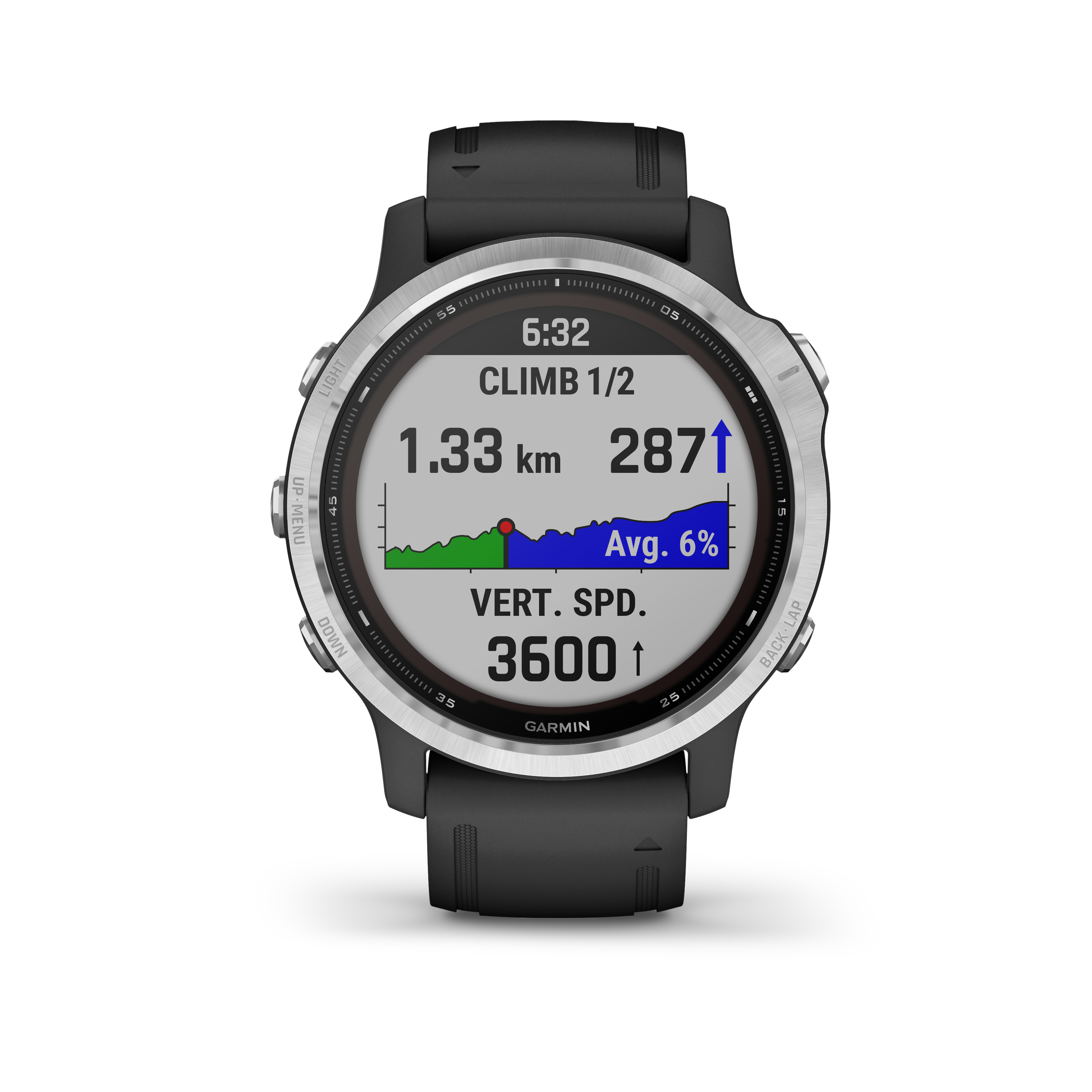Smartwatch, schwarzes Armband, silberner Rahmen, zeigt Workout-Daten an.