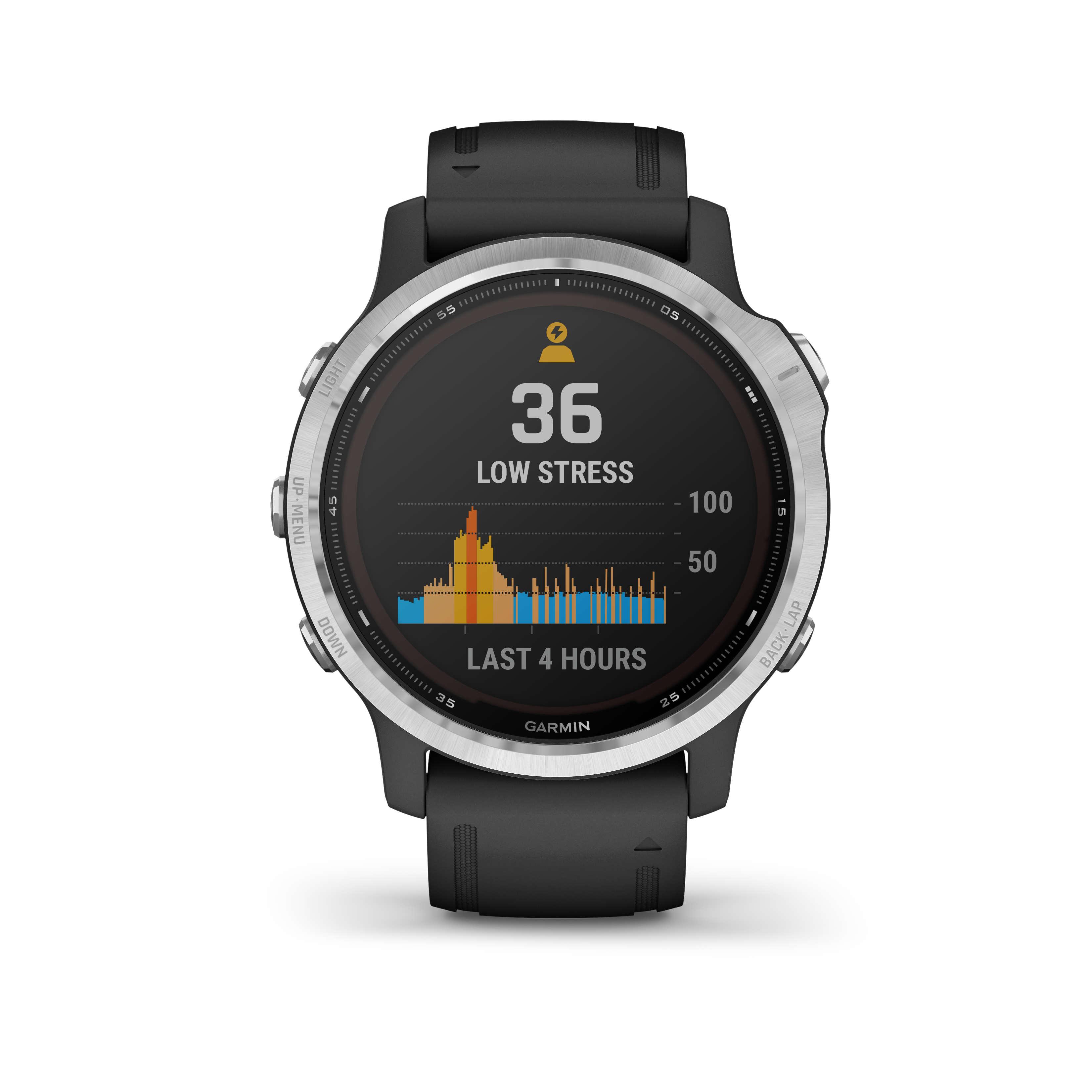 Schwarze Garmin Smartwatch mit einem Stresslevel von 36. Sie zeigt ein Diagramm der letzten 4 Stunden.