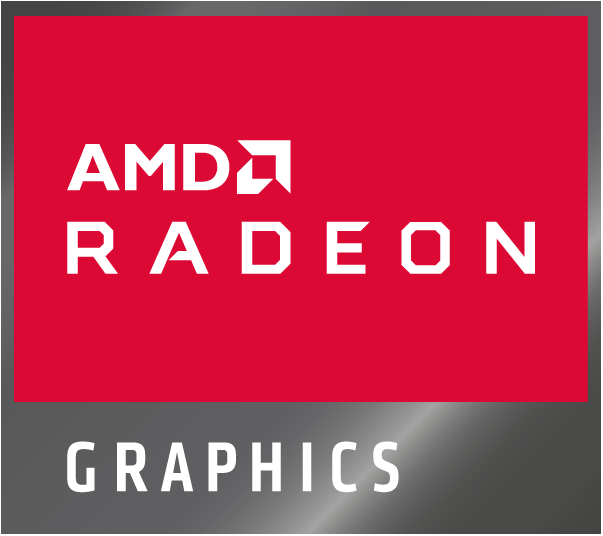AMD Radeon Graphics logo op rode rechthoek. Witte tekst op rode achtergrond.