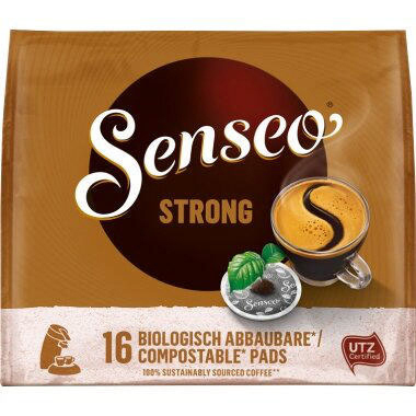 Eine braune Packung Senseo-Kaffeepads. Es zeigt eine Tasse Kaffee und den Text "Strong".