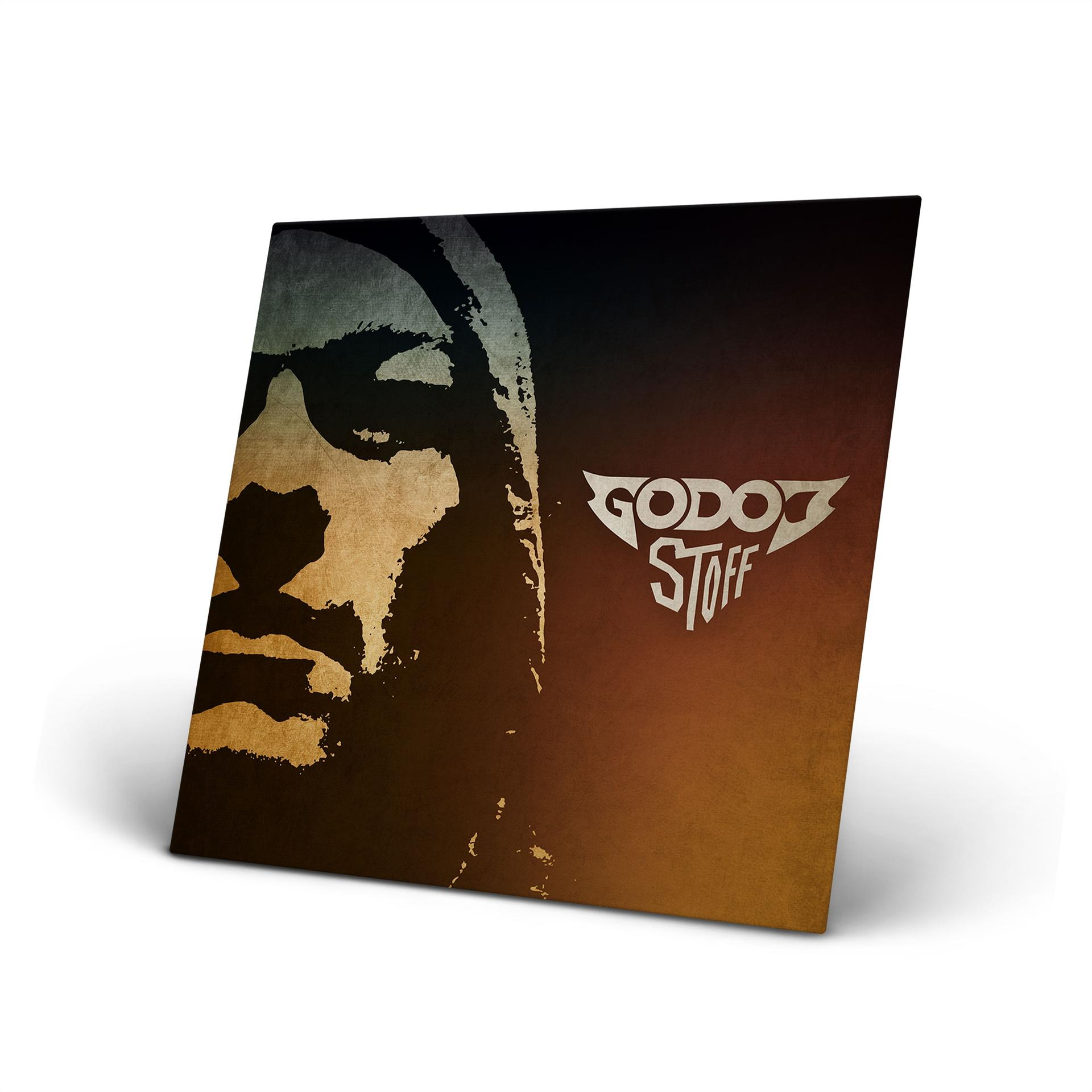 Vinyl-Schallplatte von 'Godo Stoff'. Mit Gesichtssilhouette und Bandlogo auf Gradienten-Hintergrund.