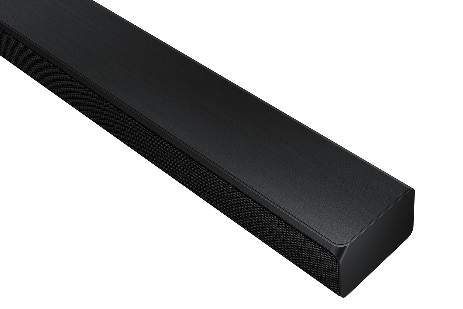 Un primer plano de una barra de sonido negra sobre un fondo blanco.