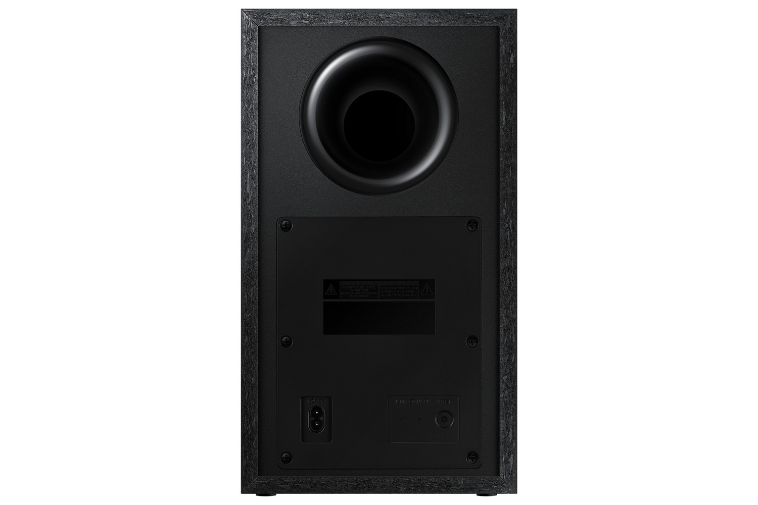 Parte trasera de subwoofer Samsung negro. Con puertos y entrada de corriente.