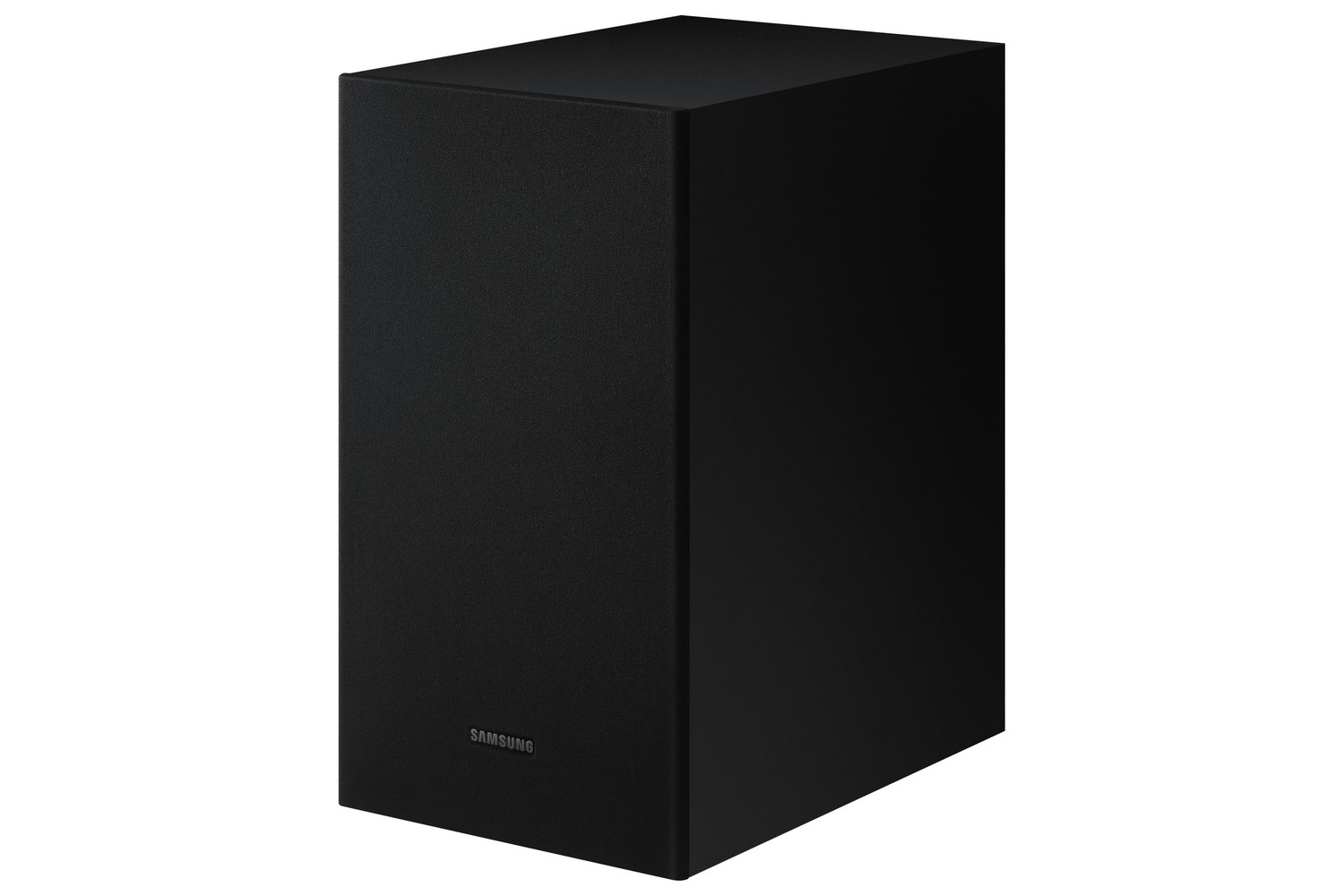 Subwoofer negro rectangular con el logo de Samsung sobre fondo blanco.
