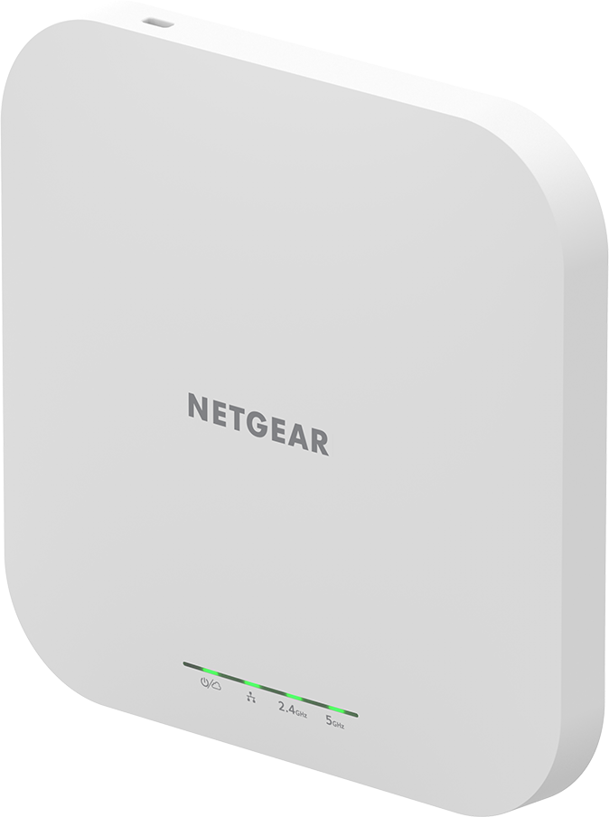 Weißes NETGEAR-Netzwerkgerät. Lichter vorne. Perspektivansicht.