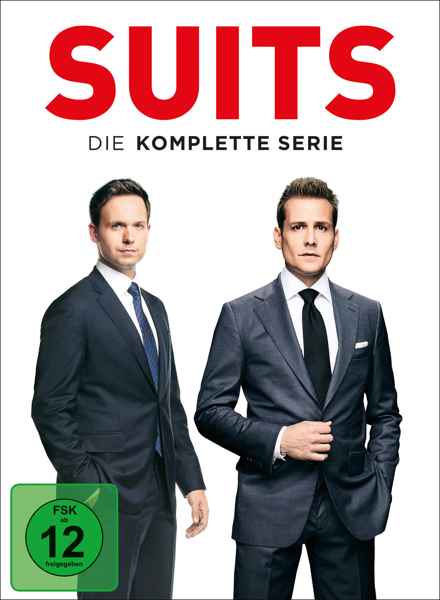 DVD-Cover für 'SUITS: Die Komplette Serie', zwei Männer in Anzügen, weißer Hintergrund, grünes FSK-Logo.