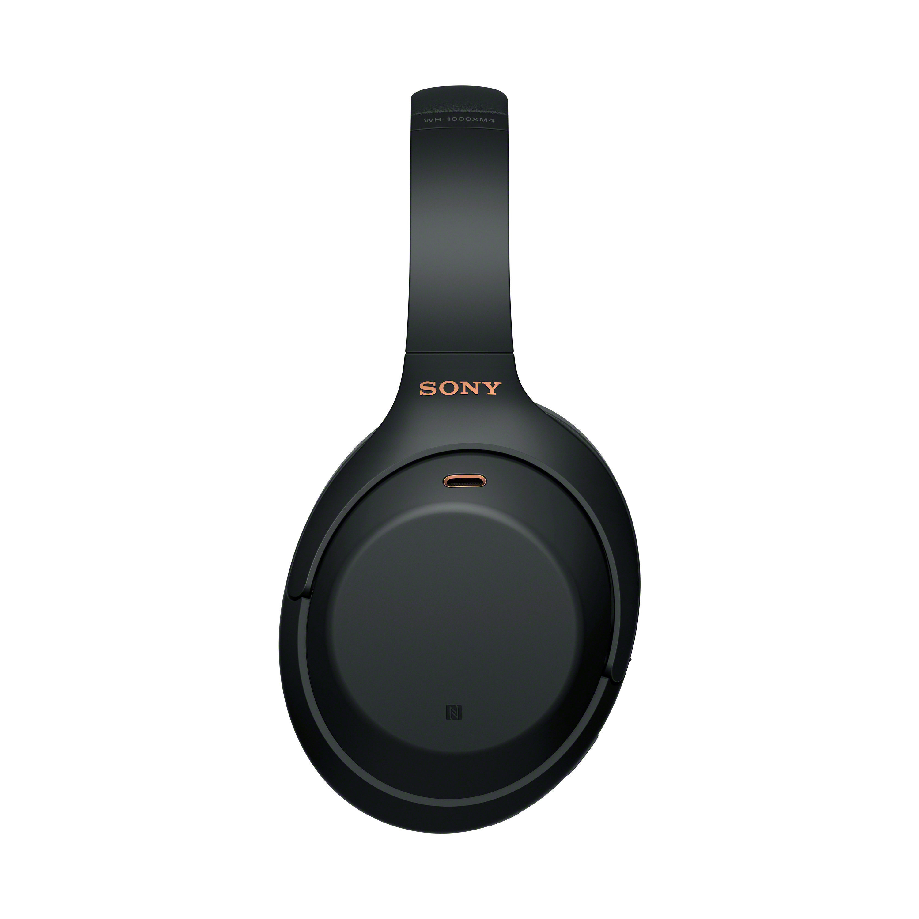 Schwarze Sony-Kopfhörer. Goldfarbenes Sony-Logo. Ohrmuscheln sind rund. Kopfbügel mit WH-1000XM4-Text.