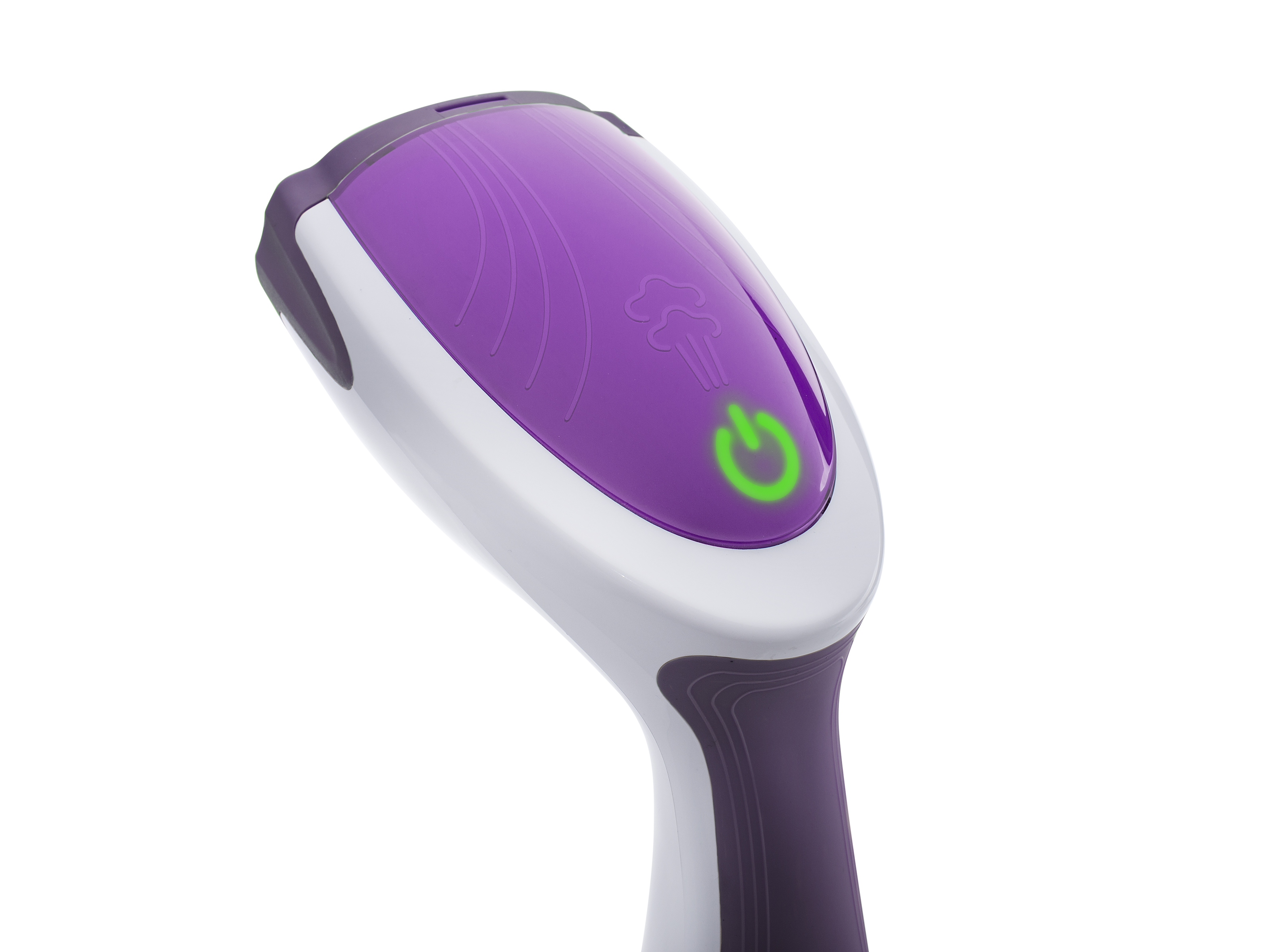 Handheld clothes steamer, purple top, white body, green power light.