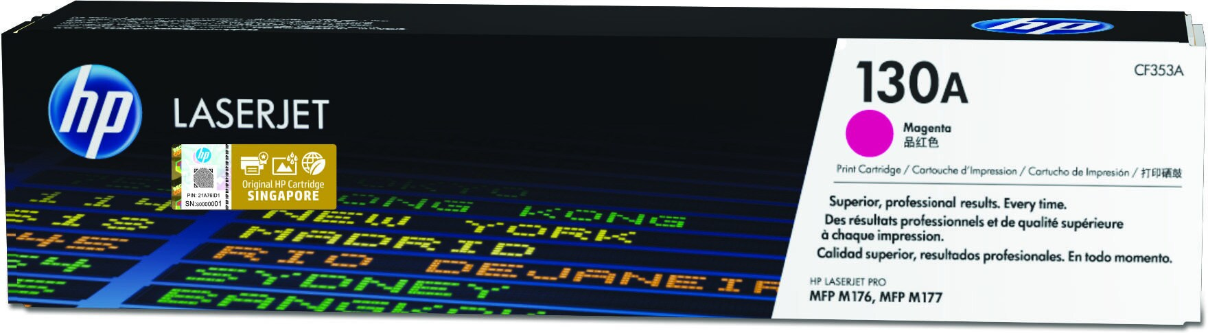 Cartouche de toner HP laserjet, couleur magenta, avec texte et logo sur un emballage.