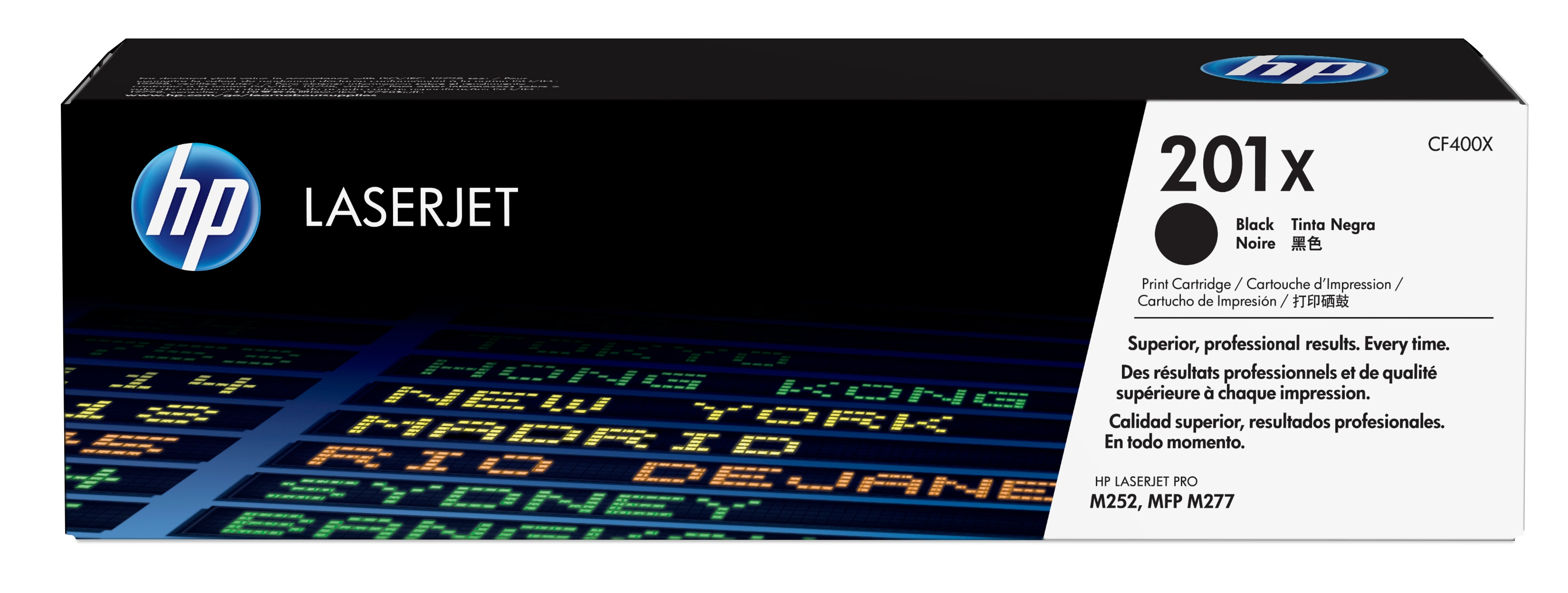 HP LaserJet 201x Druckerpatronenbox. Schwarze Tinte wird angezeigt, mit Städtenamen.