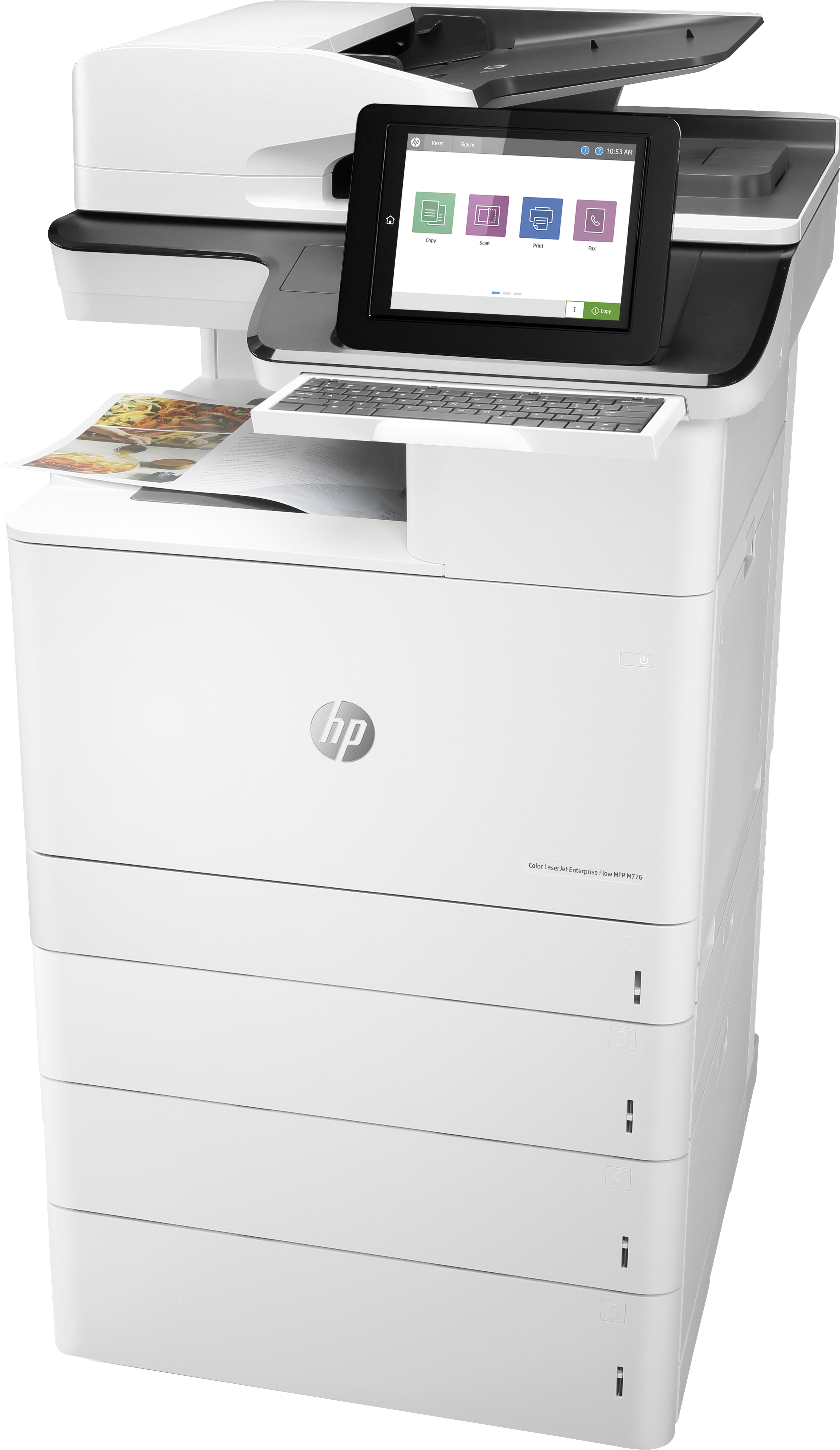 Weißer HP-Drucker mit Touchscreen und ein Papier mit Text und Foto kommt heraus.
