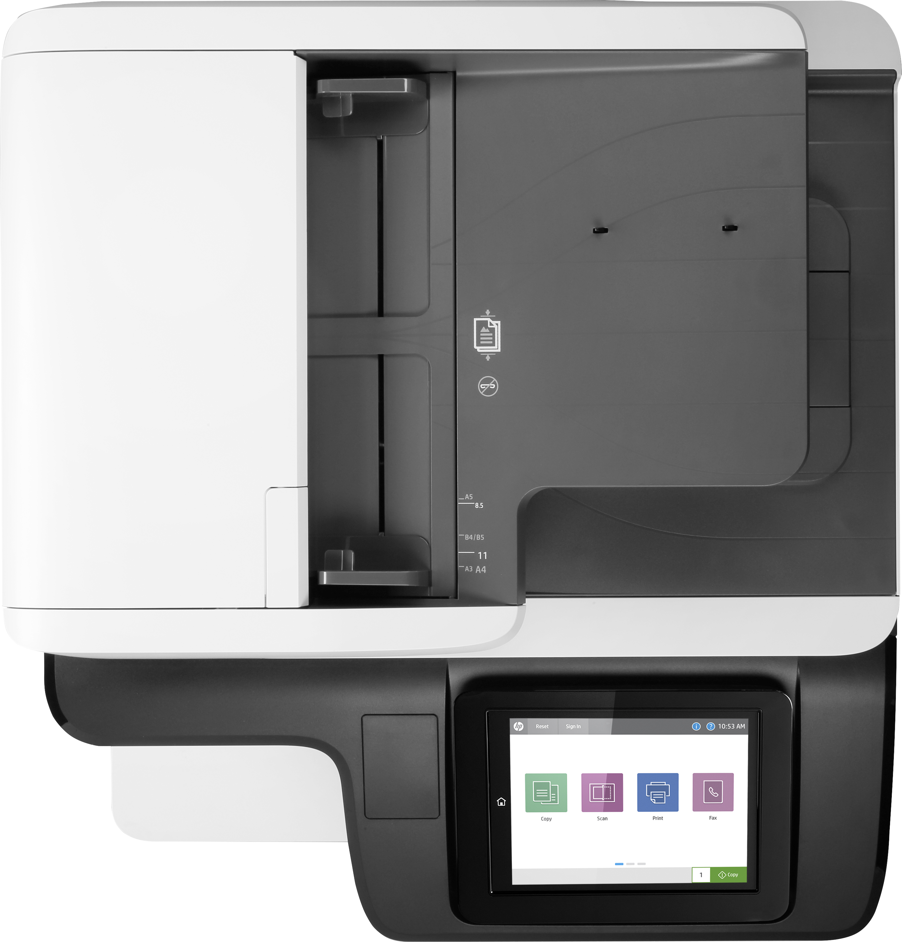 Ein Drucker mit Touchscreen, schwarz und weiß mit offenem Deckel.