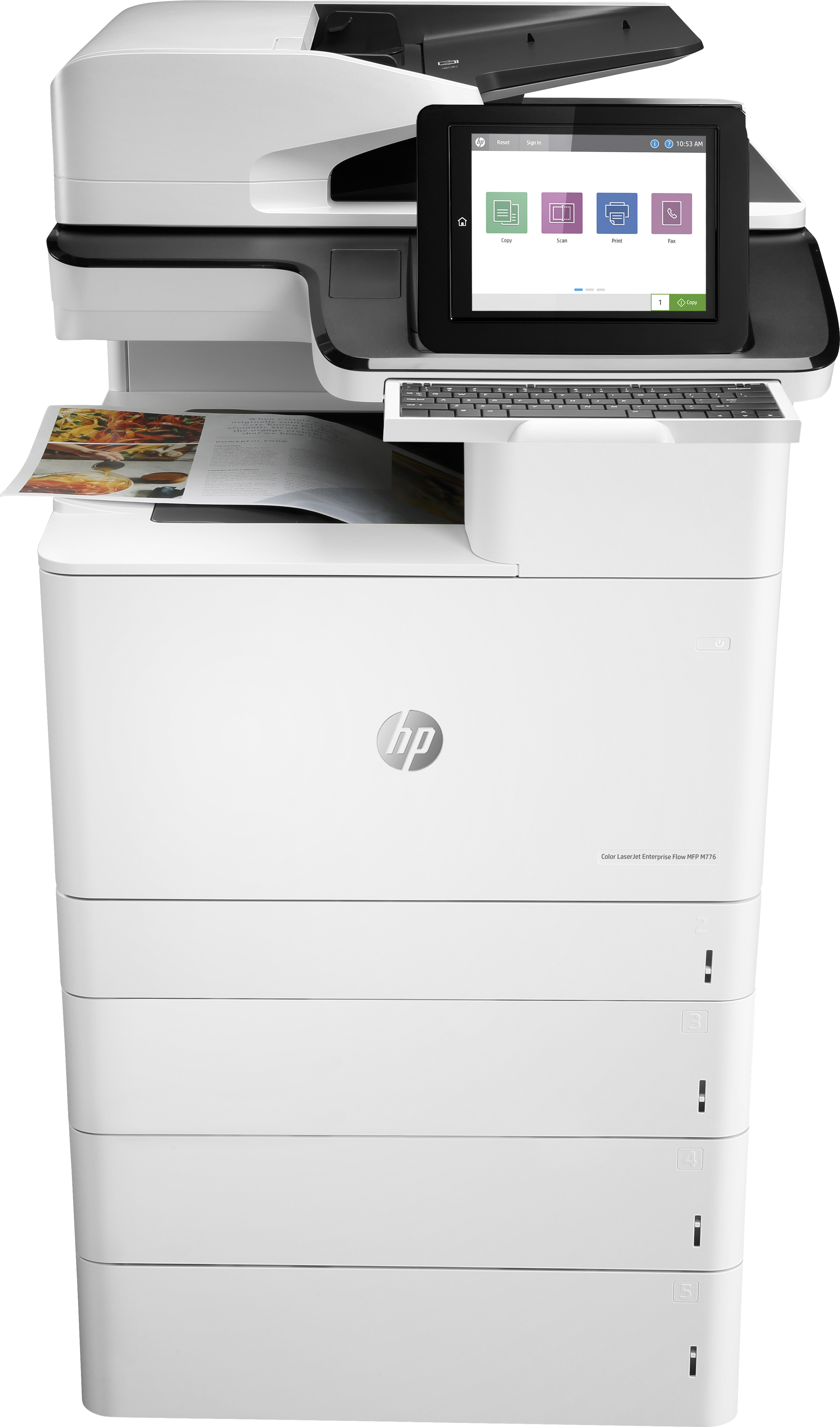 Ein weißer Drucker mit Touchscreen und Papierausgabefach.