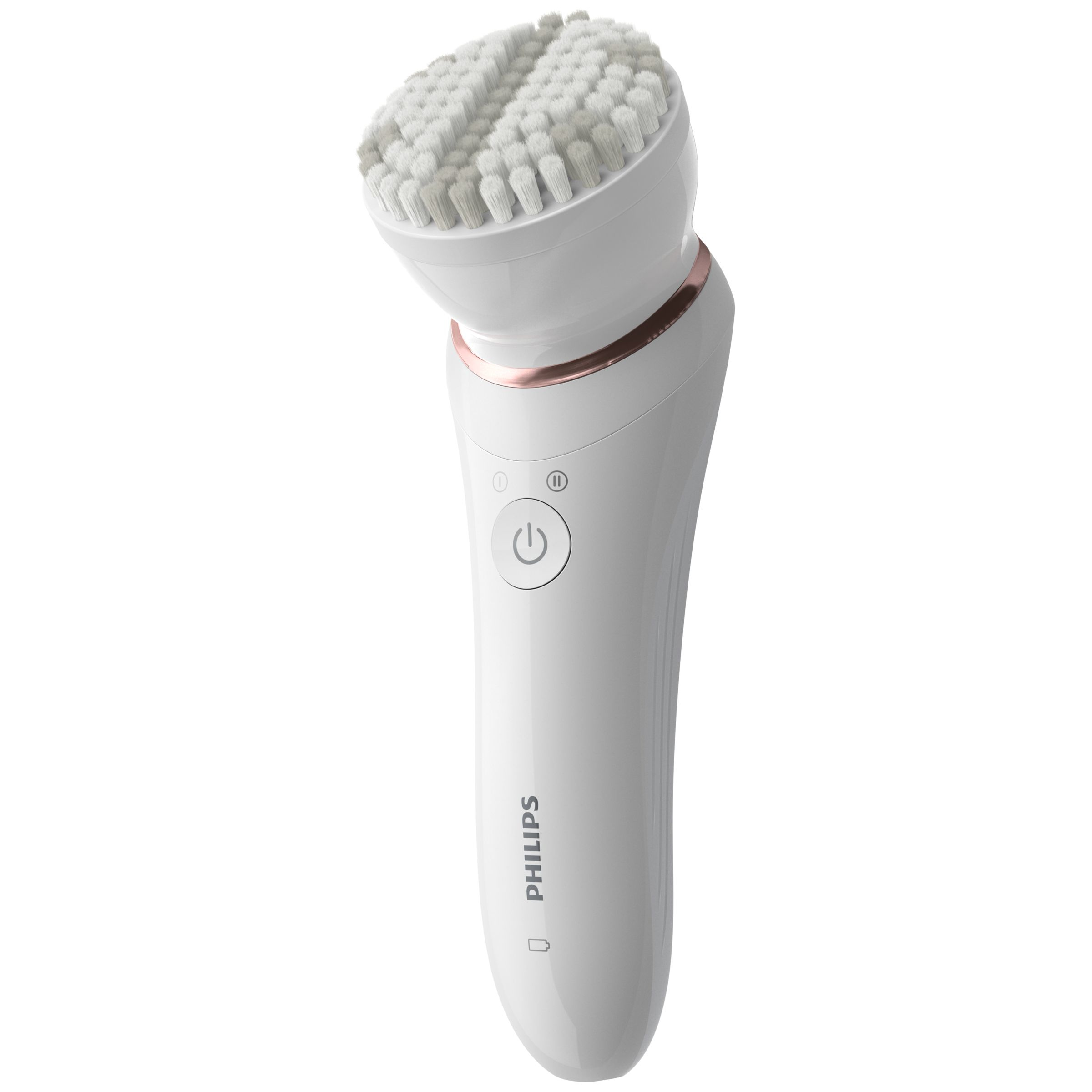 Eine weiße Philips Gesichtsreinigungsbürste mit roségoldenem Ring und weißen Borsten.