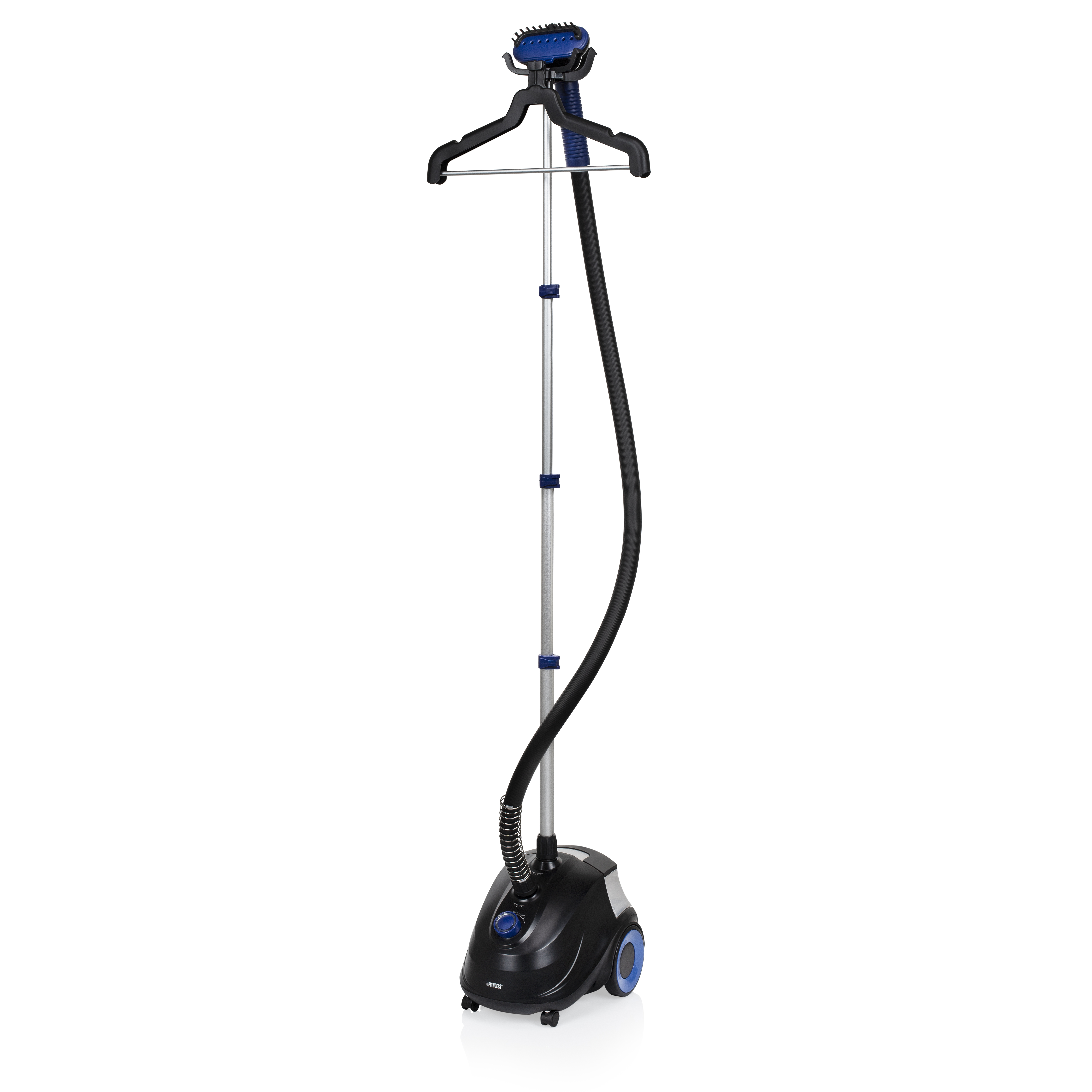 Een zwarte en blauwe kledingstomer met een hanger en een lange slang.