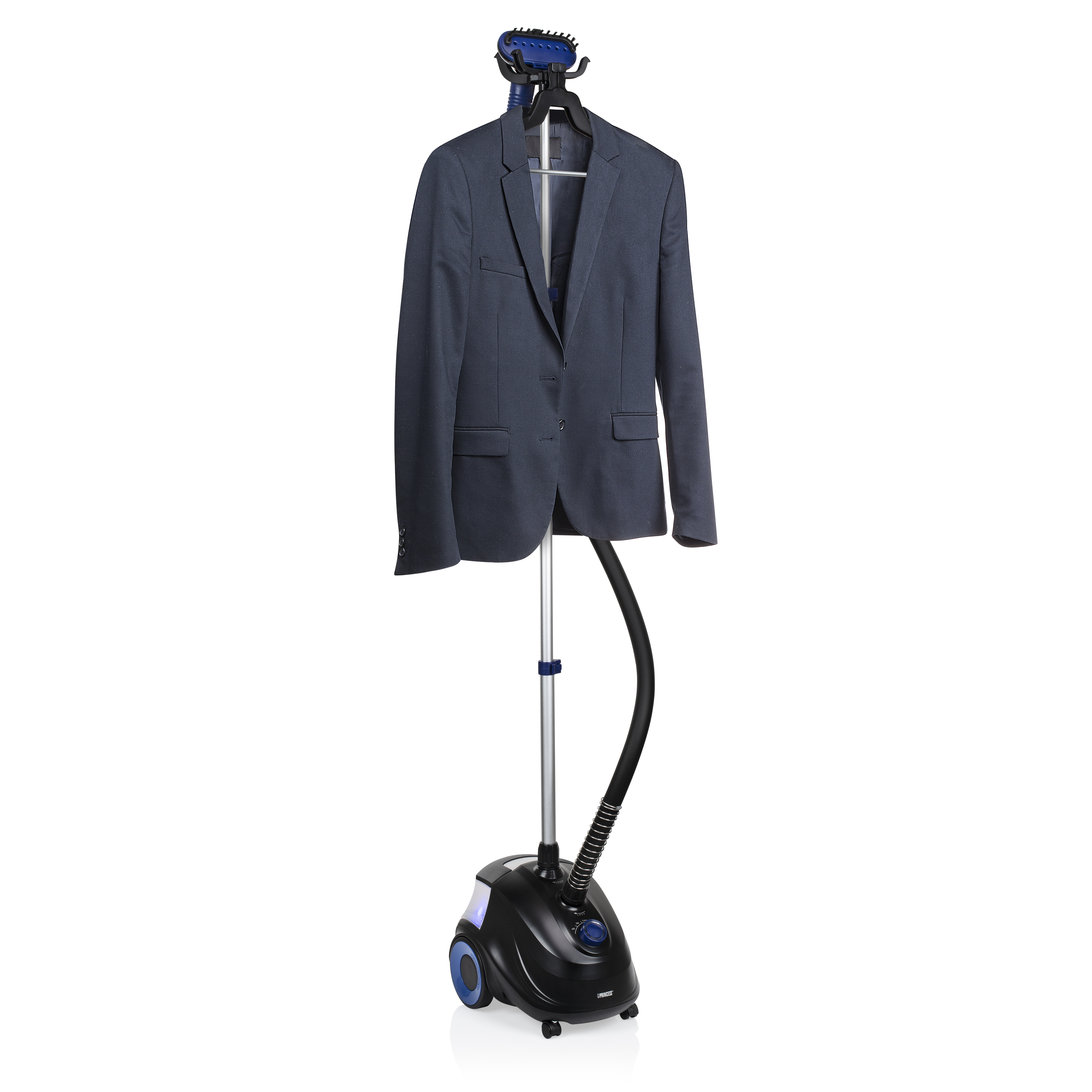 Een zwarte en blauwe kledingstomer met een blauw jasje eraan, op een witte achtergrond.