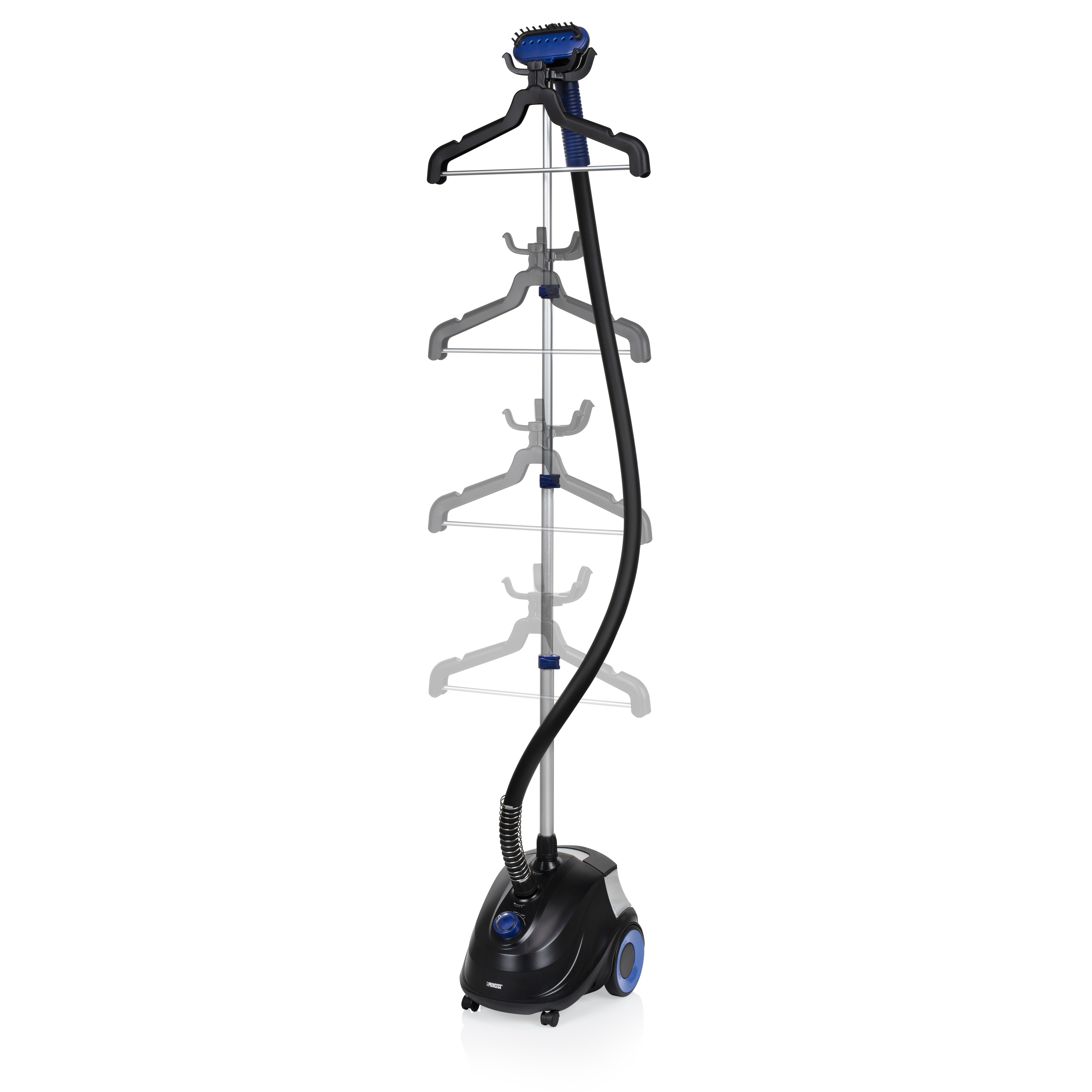 Een zwart-blauwe kledingstomer met meerdere hangers.