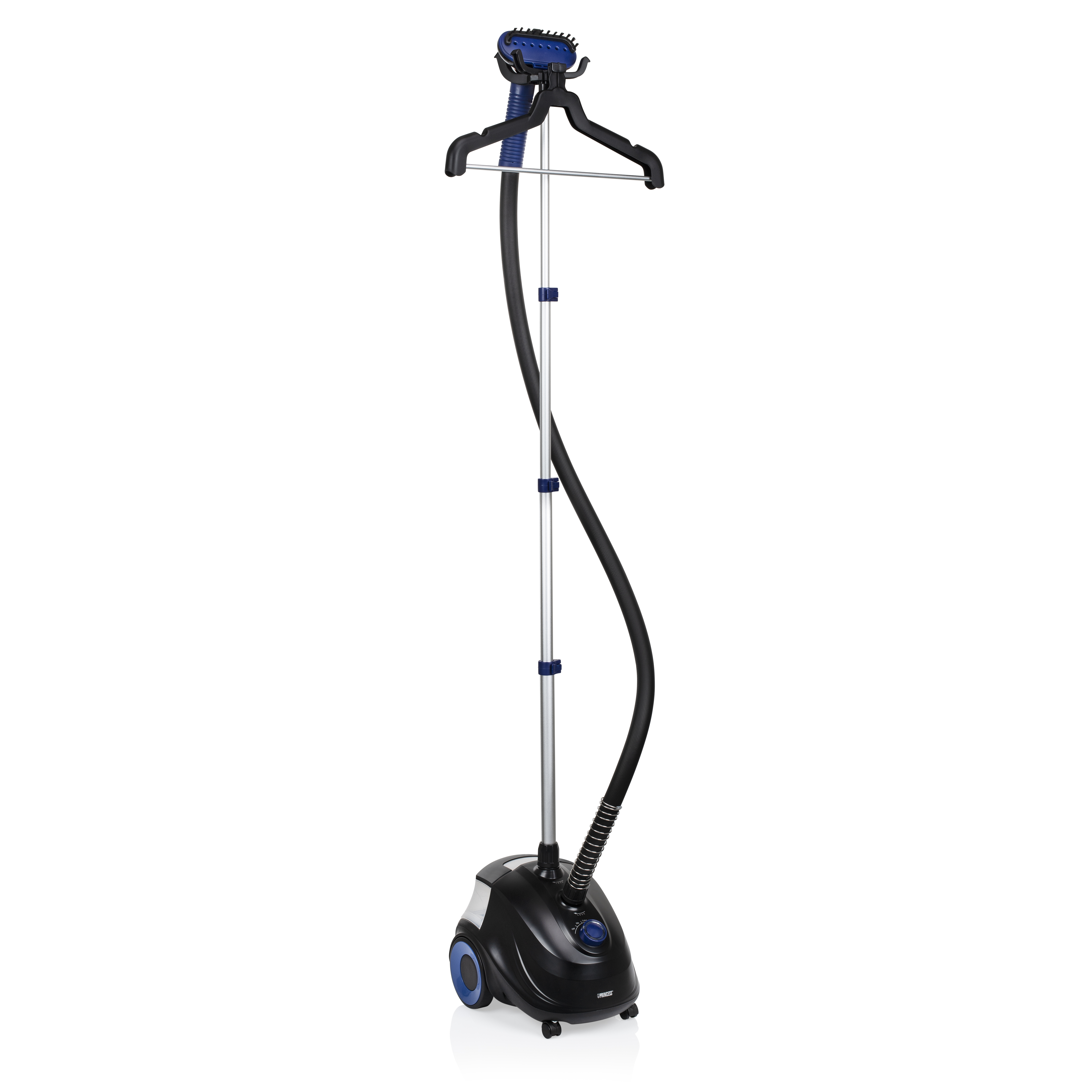 Een zwart-blauwe kledingstomer met een hanger en gebogen slang.