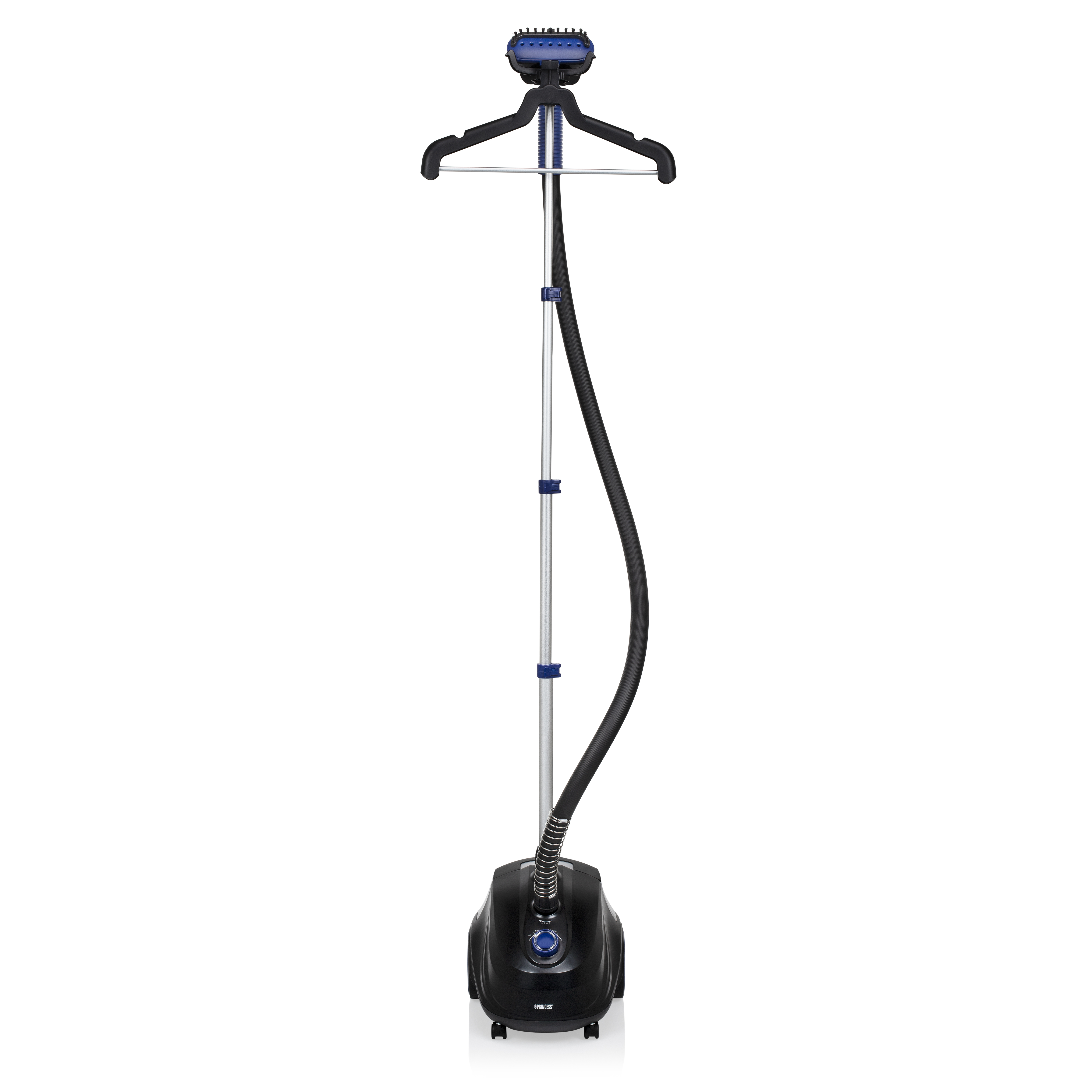 Verticale kledingstomer met een zwarte basis, zilveren paal en een hanger.