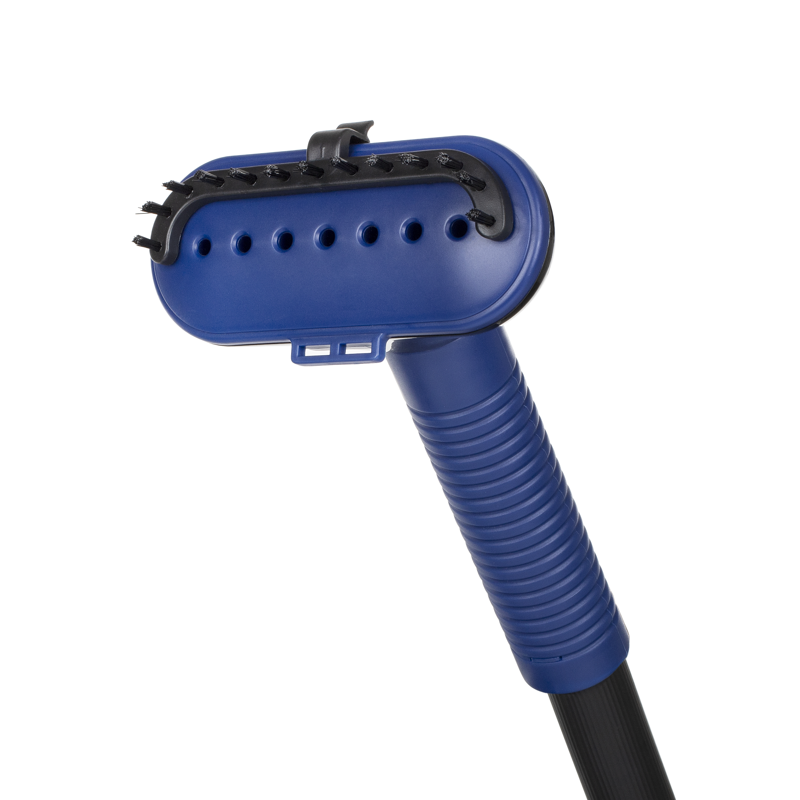 Een stoomreinigerkop met blauwe details en borstels.