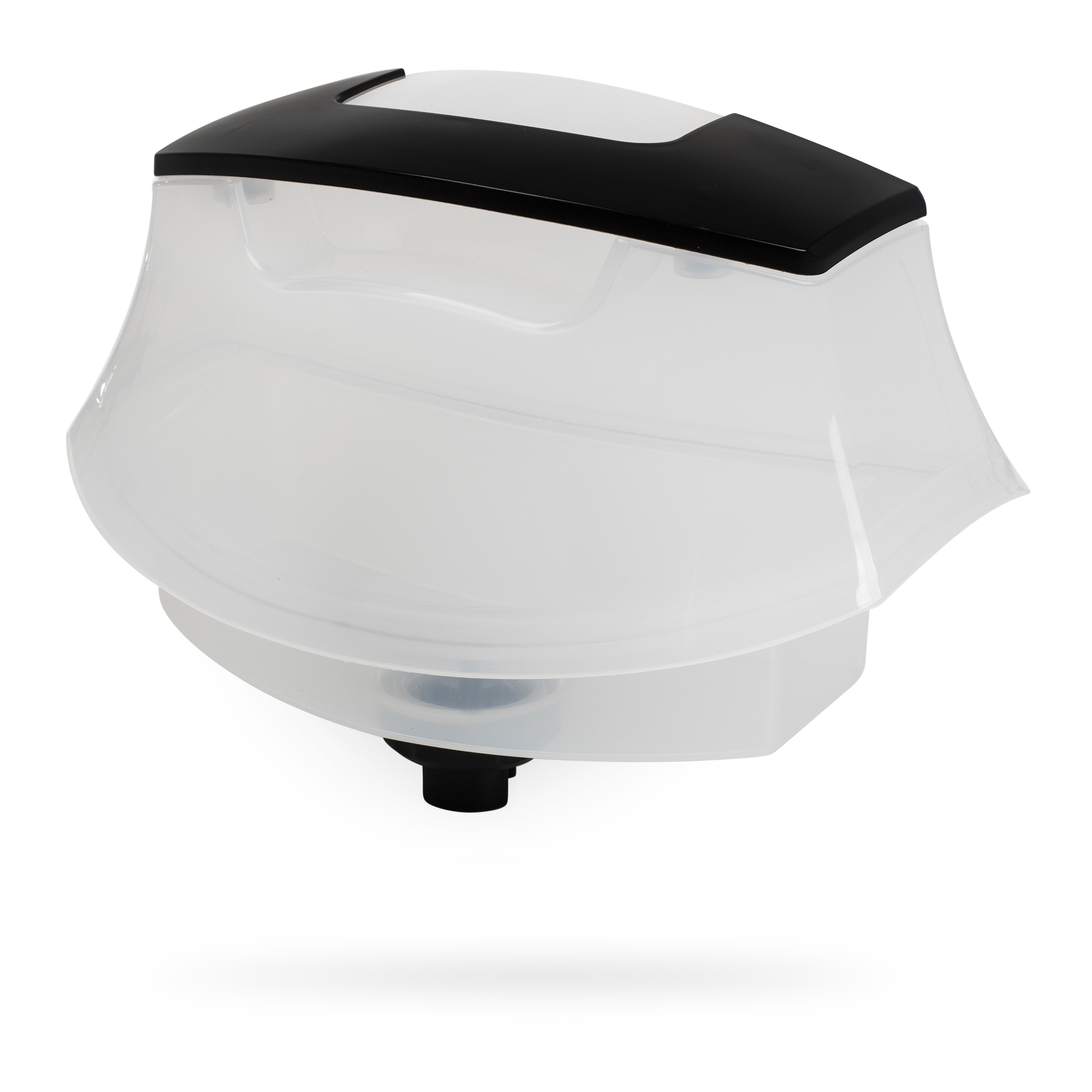Transparante plastic container met zwarte boven- en onderkant, op een witte achtergrond.