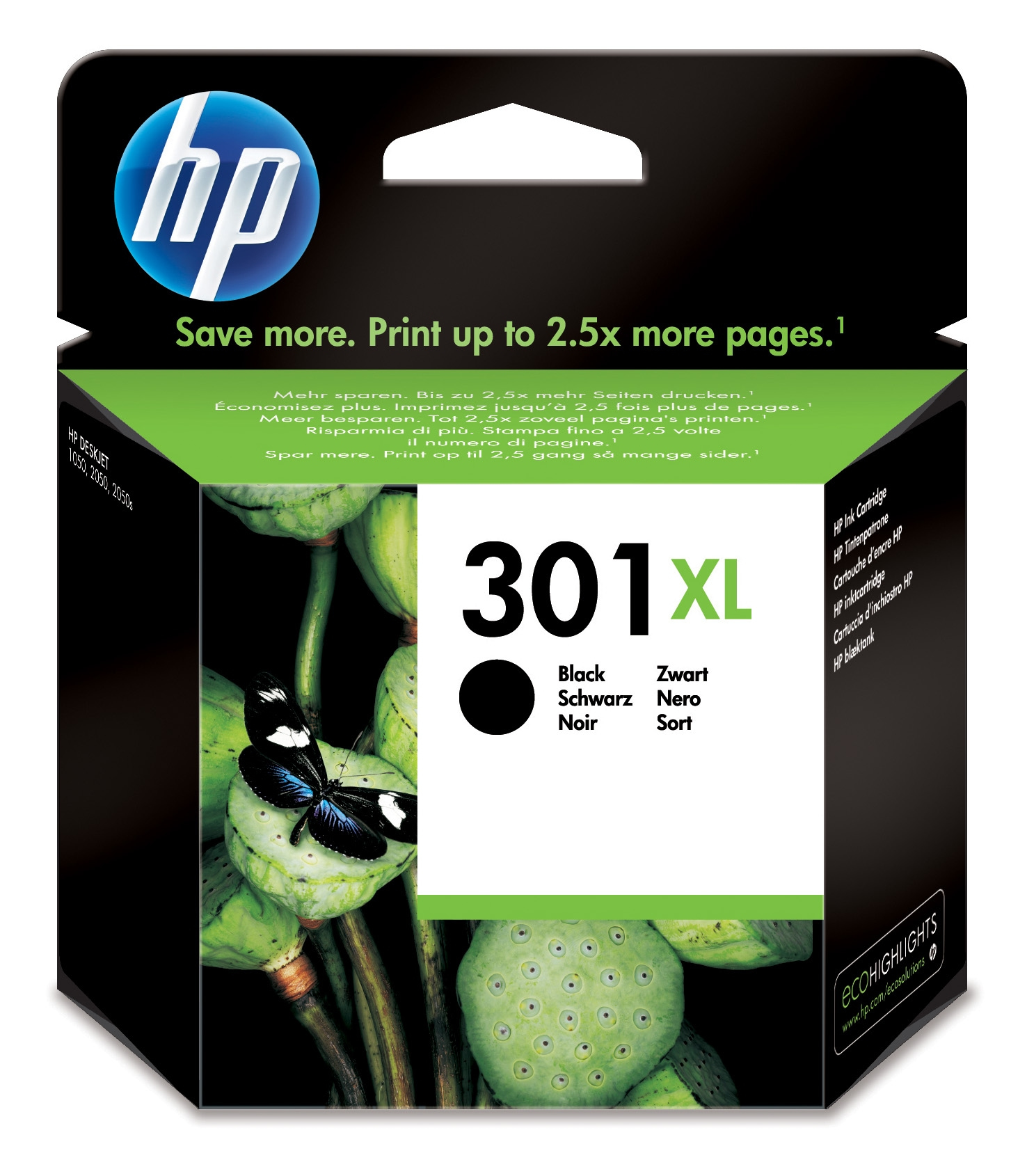 HP 301 XL black ink cartridge box with a butterfly on a green plant.