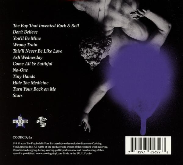 Achterkant van een cd-hoes met songtitels en een paarse achtergrond.
