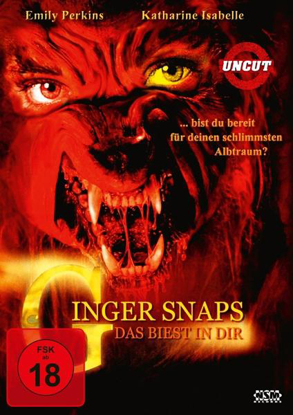 Filmplakat: Ein rot getöntes Bild eines Werwolfgesichts mit scharfen Zähnen und einem Titel.